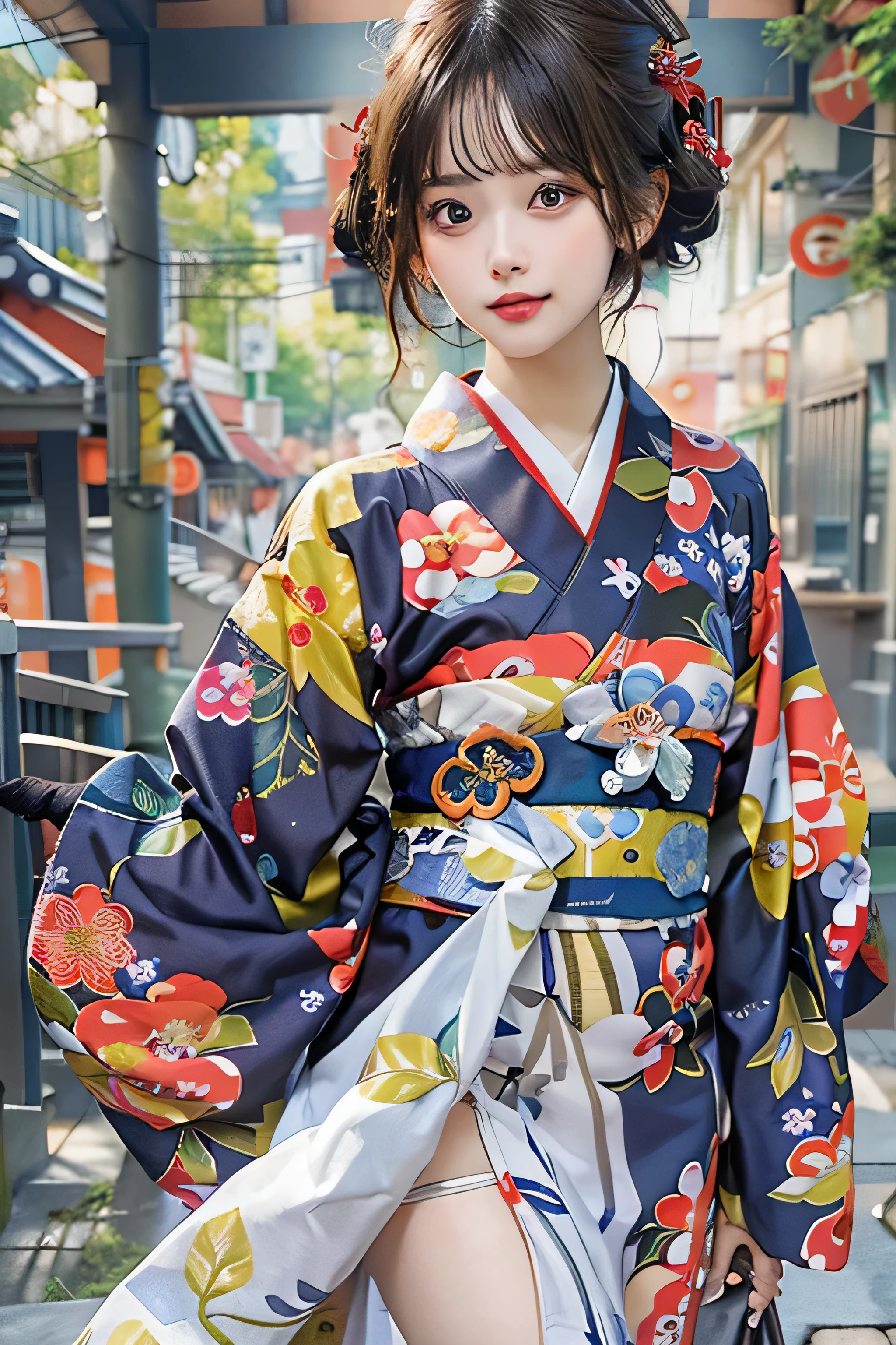 (top-quality,8K picture quality,masterpiece:1.3,hight resolution,masutepiece:1.2), Front view:0.8, Looking at Viewer, 23-year-old woman, Looking at the camera,(Japanese dress, Kimono:1.4,Komono:1.2,with floral pattern, a choker:1.4),(Short bob hair:1.2,A dark-haired), (Back alley:1.3), Cinematic,(Young gravure idols, Young skinny gravure idol, sophisticated gravure idol),(detailed flawless face),normal hands,Normal finger,Normal legs