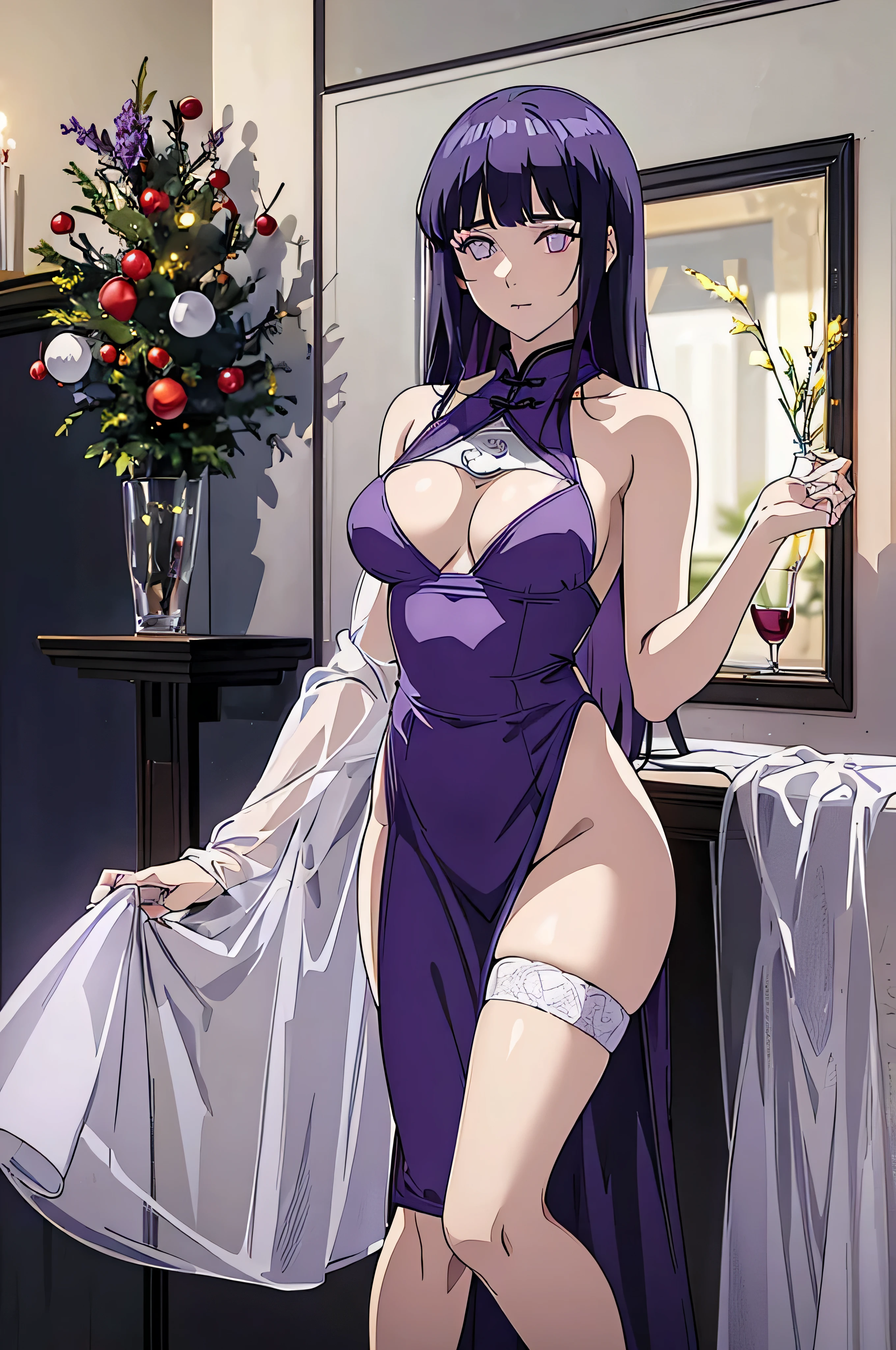 Beautiful 23-year-old woman, (cuerpo perfecto)(perfect buttocks), (pelo largo liso morado 1.2 con flequillo), (PALE LAVENDER EYES1.3), (Identical to Hinata Hyuga.). vestimenta (small chinese dress lingerie, made of transparent fabric, tight to the body and with a deep neckline) Christmas-themed night photo shoot with a Christmas tree in the background, warm light.