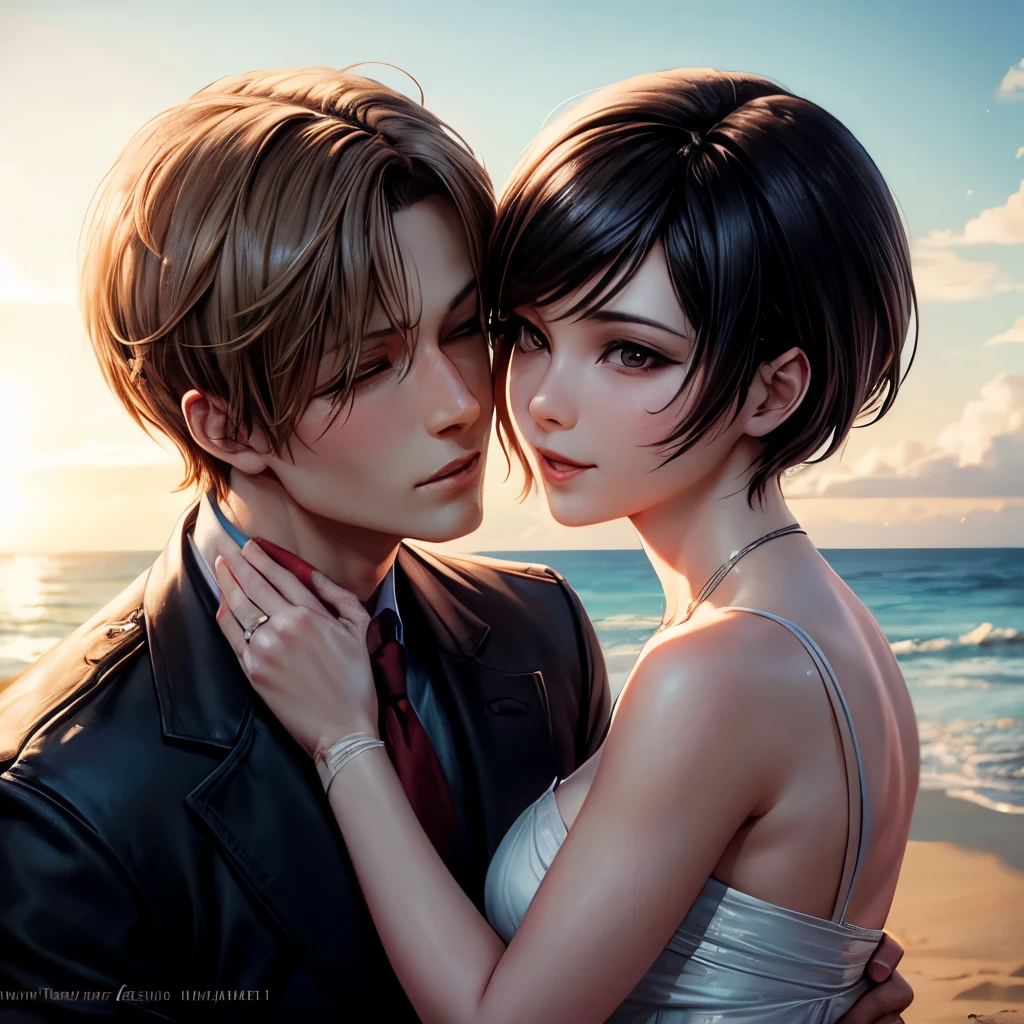 Create a picture of a wedding in the beach of Leon Kennedy and Ada Wong. They look so in love and happy