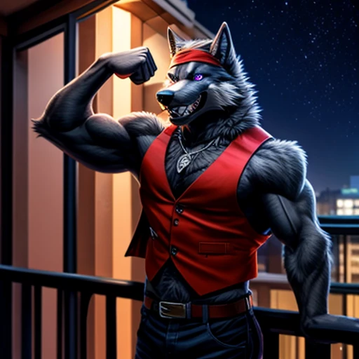 Male wolf, dark grey fur, sharp teeth, smiling, six pack, torn denin vest, no shirt, purple eyes, balcony, night, warm lighting, red headband, flexing