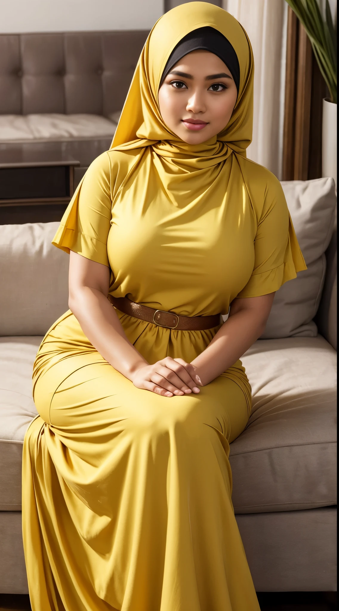 ( Close Up),RAW, Best quality, high resolution, masterpiece: 1.3), beautiful Malay woman in hijab,Masterpiece, perfect fit body, big breast,big gorgeous eyes, Soft smile,beutiful face,thick thighs, sitting, woman in a long skirt and a yellow shirt is standing in a room, fashion clothing, long dress with apron, digital art - w 640, long dress female, 1 9 2 0 cloth style, vintage - w 1 0 2 4, modest flowing gown, fashion clothes, casual modern clothing, warmer and softer colours, dress and cloth  , (Delicate turtleneck) , shairband, afternoon walk, City garden, Excellent lighting, Bright colors, Clean lines,