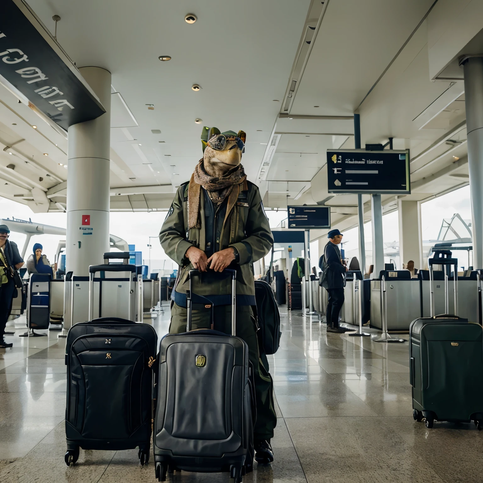 At a busy airport, a animal turtle wearing an aviator hat, scarf blowing in the wind and a small suitcase at his side is checking his plane ticket. The scene includes other turtles wearing security uniforms and driving luggage carts. The flight board displays destinations such as "Turtle Island" and "Salad City"