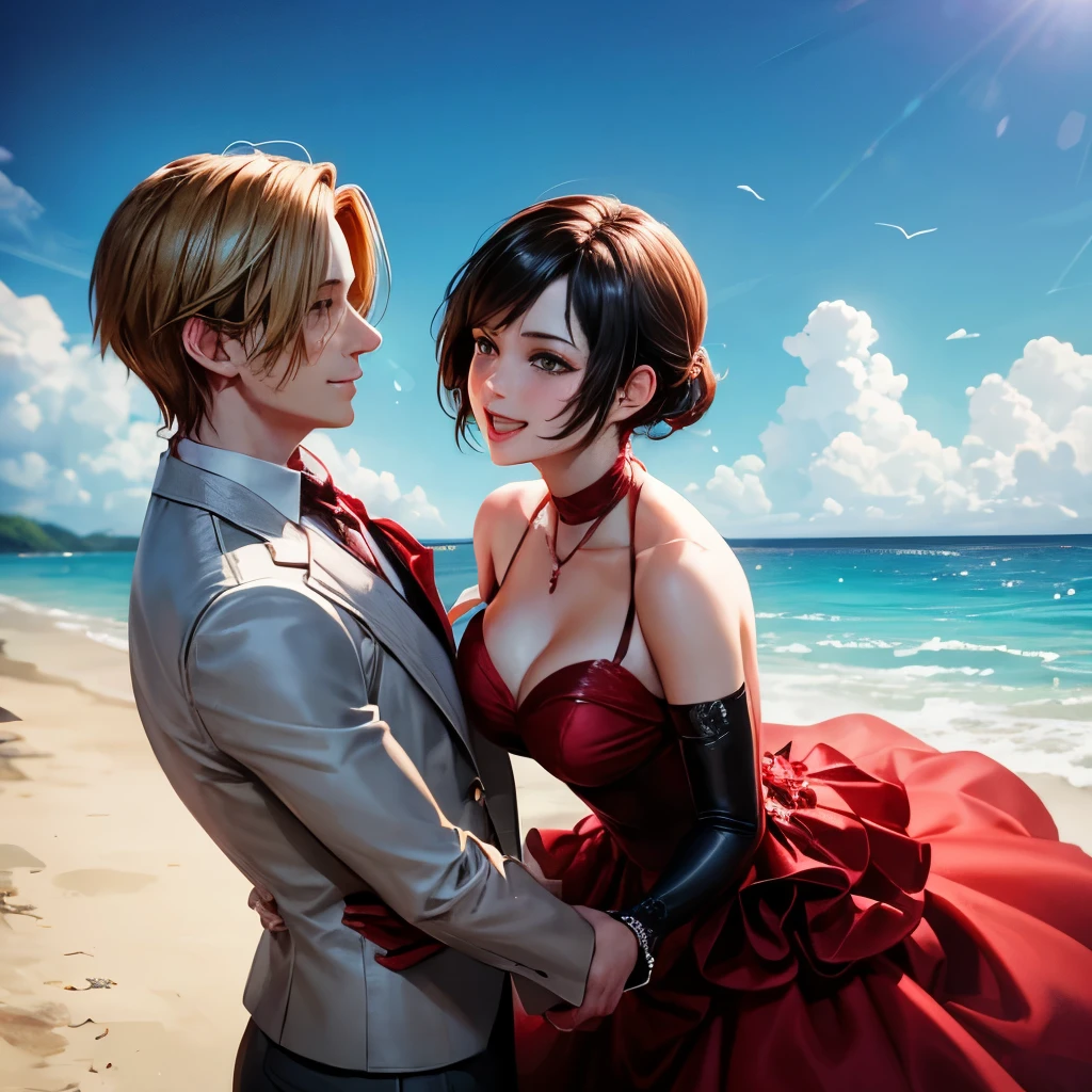 Create a picture of a wedding in the beach of Leon Kennedy and Ada Wong. They look so in love and happy