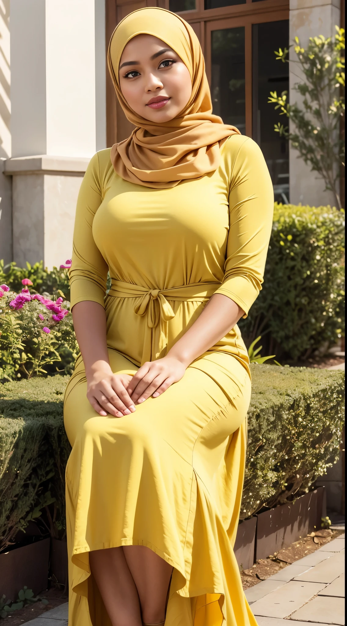 ( Close Up),RAW, Best quality, high resolution, masterpiece: 1.3), beautiful Malay woman in hijab,Masterpiece, perfect fit body, big breast,big gorgeous eyes, Soft smile,beutiful face,thick thighs, sitting, woman in a long skirt and a yellow shirt is standing in a room, fashion clothing, long dress with apron, digital art - w 640, long dress female, 1 9 2 0 cloth style, vintage - w 1 0 2 4, modest flowing gown, fashion clothes, casual modern clothing, warmer and softer colours, dress and cloth  , (Delicate turtleneck) , shairband, afternoon walk, City garden, Excellent lighting, Bright colors, Clean lines,