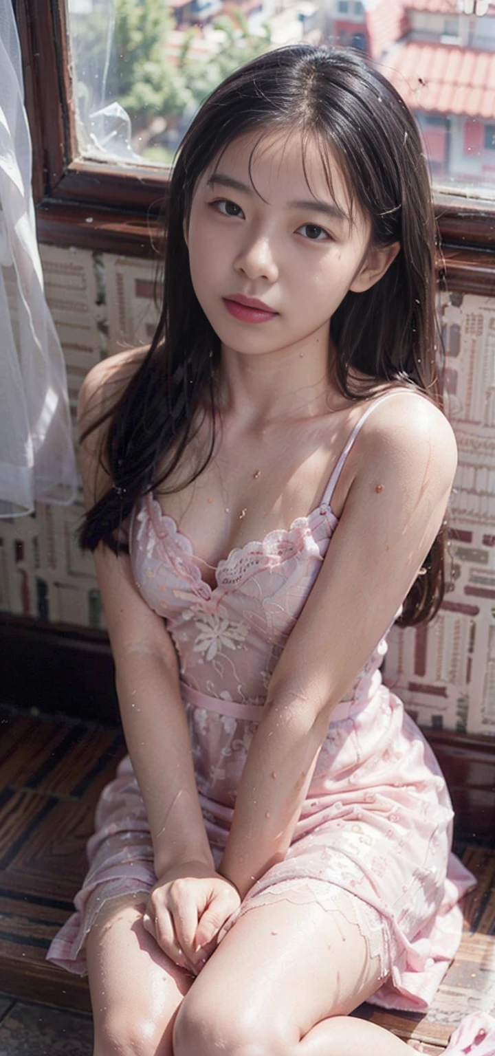 (From a straight above, bird's-eye perspective), 1girl, Realistic Chinese pretty teenage girl,12-years old, pink colour silk lace nightdress, erotic, small breast,greasy, knelt on the floor, eye gazing up to the camera, with sweat on body, sweat on breasts,wet body,wet chest,wet breasts, waiting for punishment, beside the window