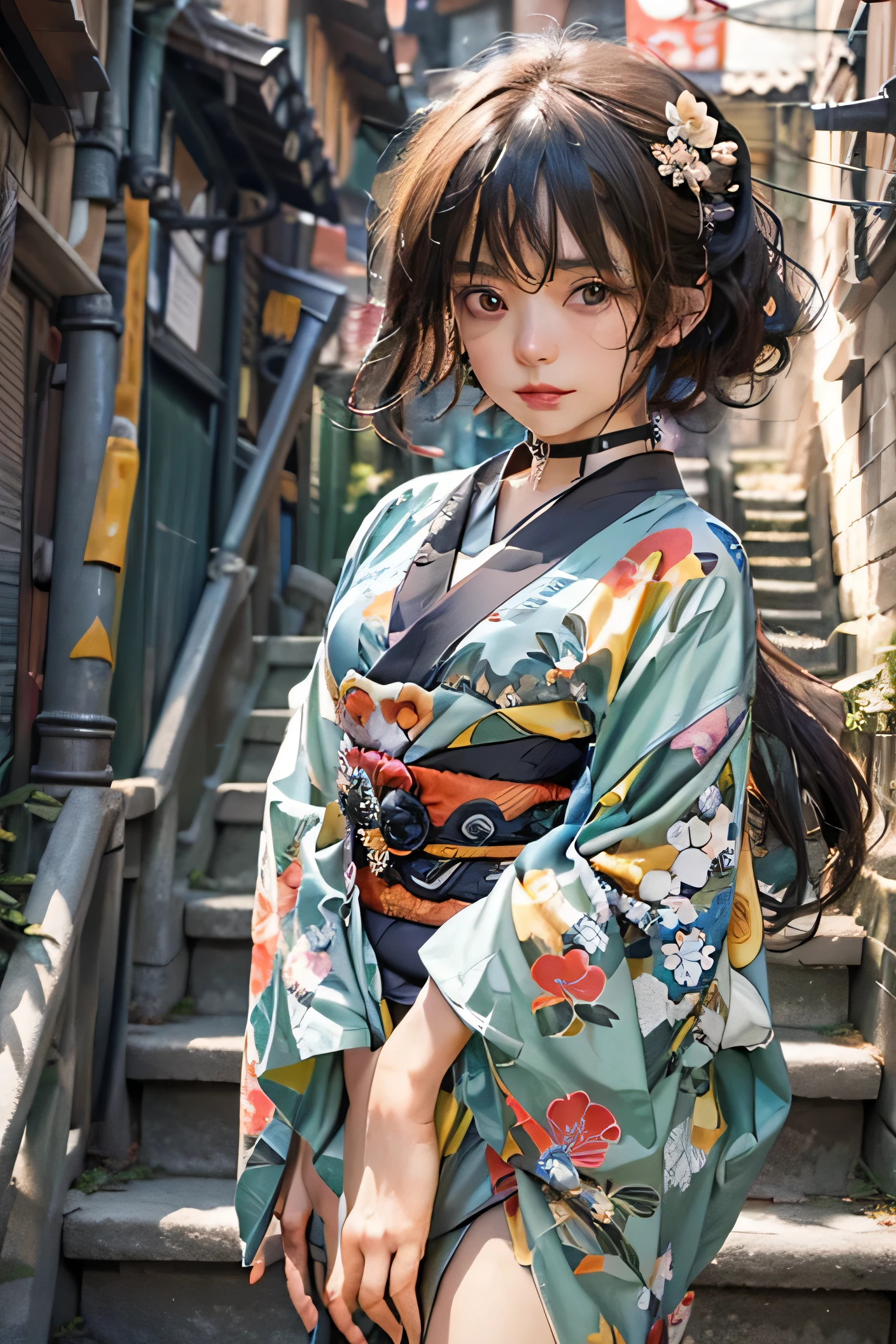 (top-quality,8K picture quality,masterpiece:1.3,hight resolution,masutepiece:1.2), Front view:0.8, Looking at Viewer, 23-year-old woman, Looking at the camera,(Japanese dress, Kimono:1.4,Komono:1.2,with floral pattern, a choker:1.4),(Short bob hair:1.2,A dark-haired), (Back alley:1.3), I can see panties,Cinematic,(Young gravure idols, Young skinny gravure idol, sophisticated gravure idol),(detailed flawless face),normal hands,Normal finger,Normal legs