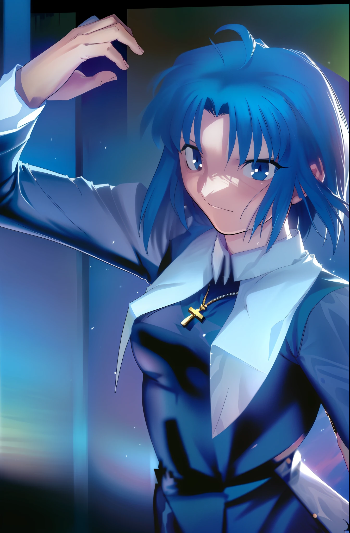 (best quality, 4k, 8k, highres,masterpiece:1.2), (ultra-detailed:1.6), (realistic,photorealistic,photo-realistic:1.37), slender figure, (soft, delicate features:1.1), (vivid colors), (artistic composition:1.1), ciel_(tsukihime), (gold latin cross:1.1)