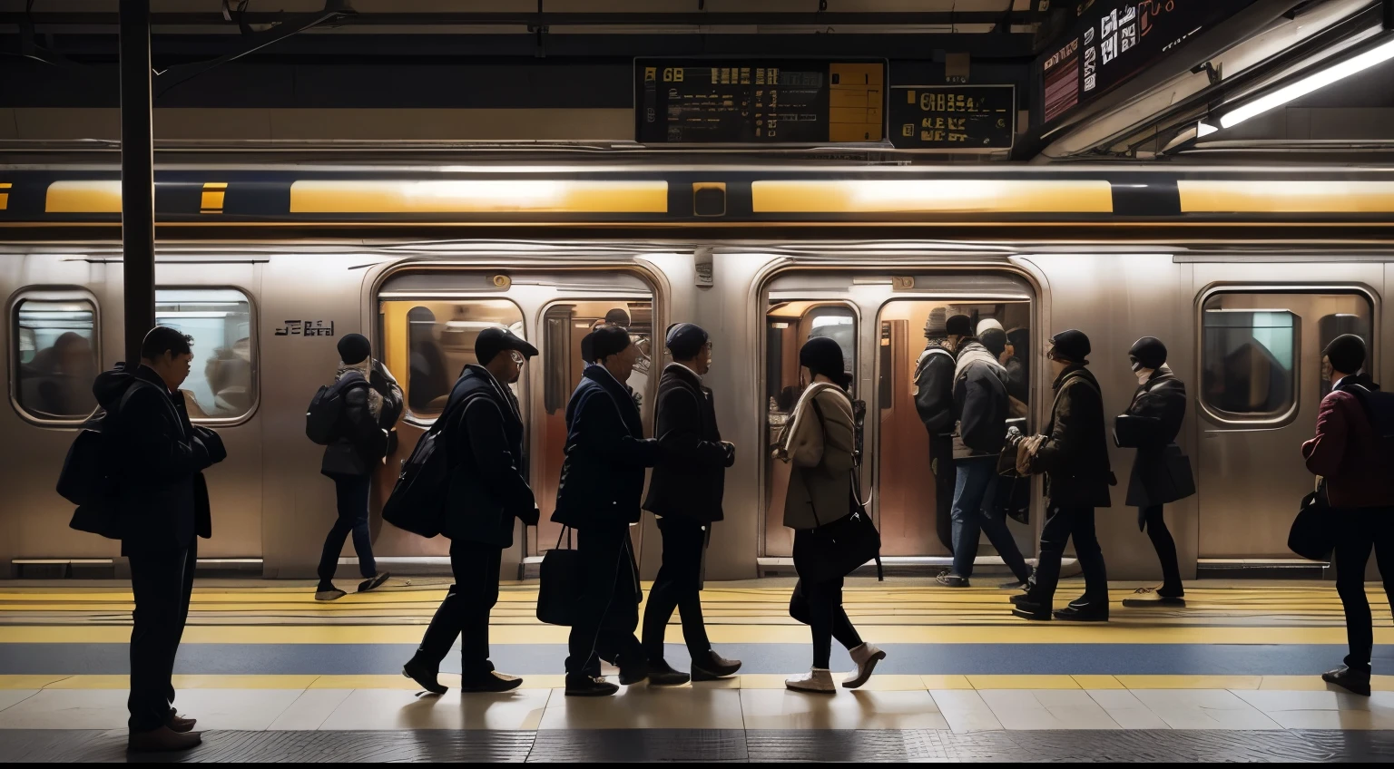(Best Quality,High resolution,Ultra-detailed,Realistic:1.2), Crowded station platform, eye-level perspective, vibrant atmosphere,  both sides of the platform.、the train isn&#39;t coming、Way back, Night Station, people waiting for the train to arrive々々, lively crowd, dynamic movements, Modern architecture, hustle and bustle of daily life, Rush hour station scene.