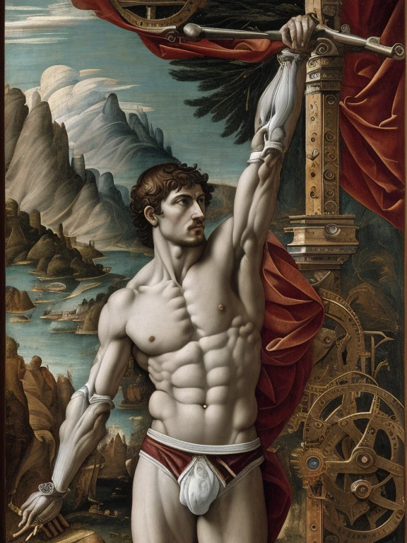 full body, (((renaissance style))) fresco, oil painting of a handsome man, smooth muscles, (((mechanical body parts))) (((Mechanical arms))), head, chest, abs, shirtless, (((white briefs))), renaissance style, chiaroscuro mood, incredible detail, highly detailed, ultra-detailed, (((landscape background))), centered, perfect composition, Landscape background, Style of Sandro Botticelli and Greg rutkowski