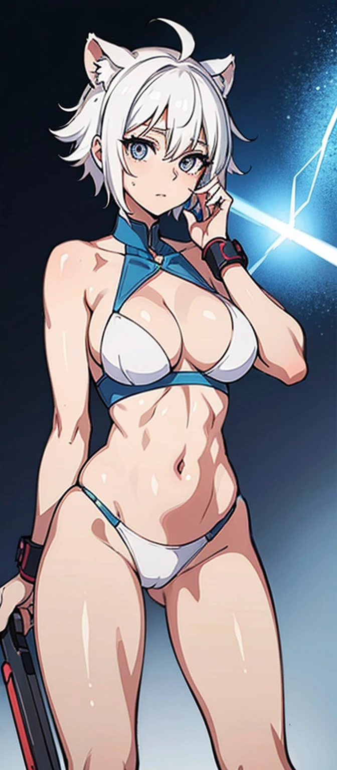 ((Best quality at best, 8K, tmasterpiece: 1.3)), Full body lesbian, Focus Clear: 1.2, Outstanding style: 1.4, Slim abs: 1.2, ((White hair, : 1.2)), cleanness, Highly Detailed Face and Skin Textur, 詳細な目, 二重まぶた,,Chopping,vacuum,revealing her belly,titmouse,Upper body