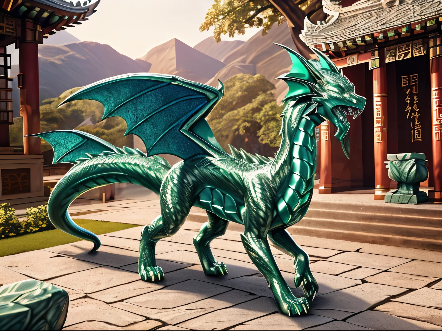 HD, photorealistic, half transformation, college girl stands on empty stone statue plinth outside of cursed eastern temple, human chinese dragon hybridization jade Petrification transformation, Petrification curse, glowing magic, you panic as you morph into a Chinese long dragon while your flesh turns to jade stone