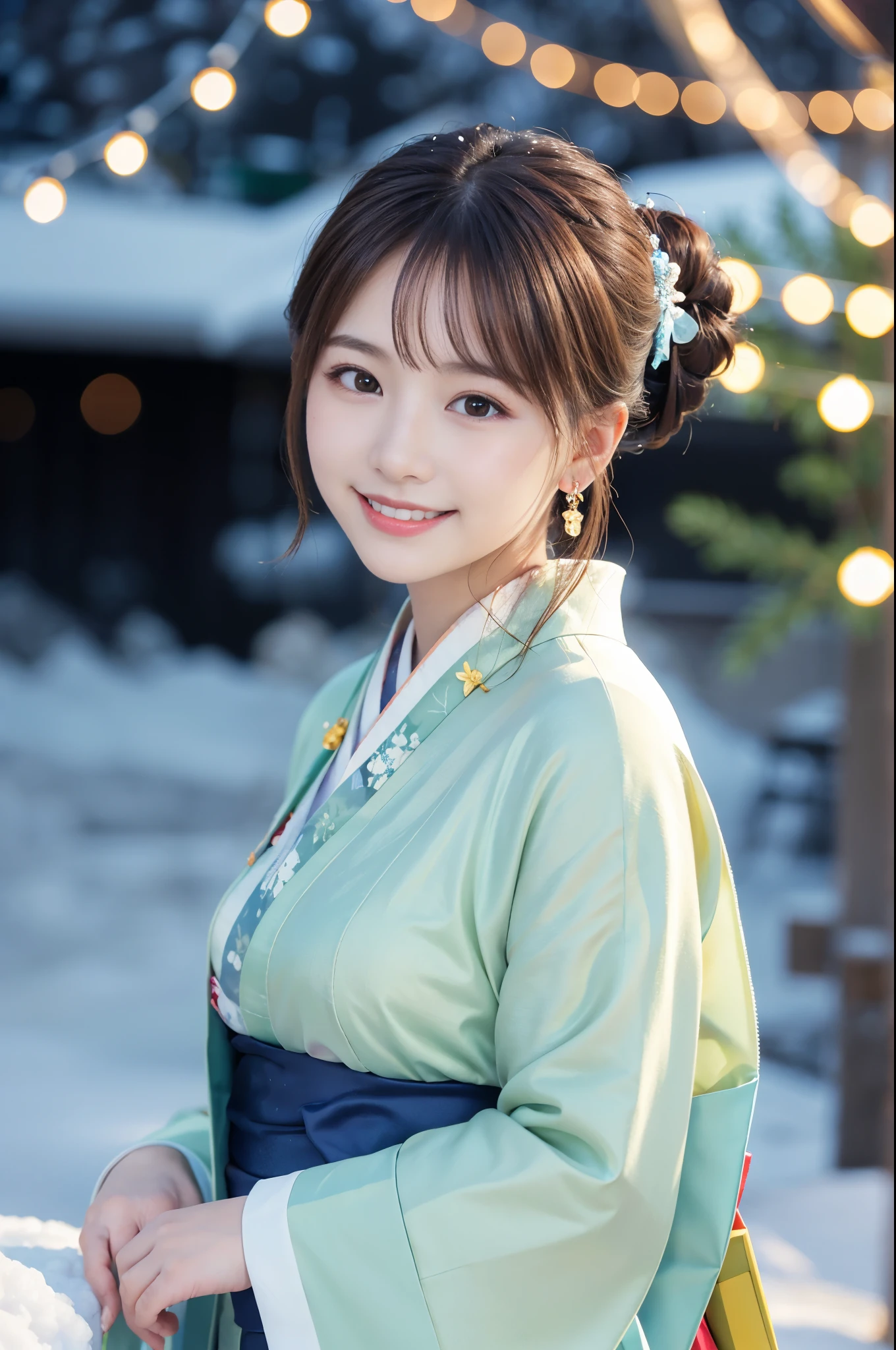 Japanese ido ,((Cute ,Baby face:1.2)),(8K, Raw photo, ultra-detailliert, Best Quality:1.2), (Realistic, Photorealsitic:1.4), (Insanely detailed, 超A high resolution ,Beautiful, masutepiece:1.2), ,very detailed face and eyes,Shiny skin,(Upper body:1.Professional Lighting,Soft light, Sharp Focus, depth of fields,Medium Hair,Earring, ( kimono outfit :1.3),(Smile:1.3),Bokeh,(Dynamic Angle:1.5),( background of aurora borealis in the night sky, with christmas trees and snow-covered mountains
:1.3)