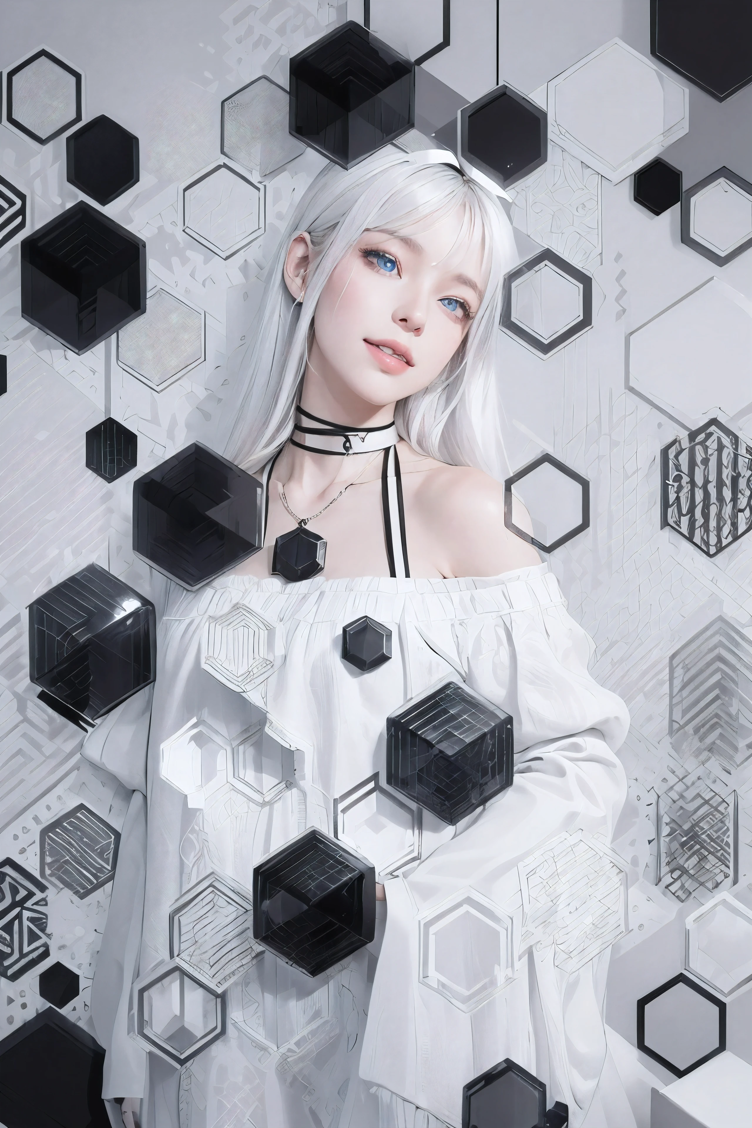 (Realistic:1.8), (Digital art:0.2), (Geometric art:1.7),(agpi official art, beautiful and aesthetic, ultra detailed, beautiful, masterpiece, best quality:1.6), (1girl:1.2), Detailed face, Detailed eyes, Detailed hair, young fingers, Detailed fingers, five fingerREAK cute ig model, Japanese cute model, 22 years old, Tightened all body, small head, small face, small mouth, diamond Face, small nose, Sharp Faceline, (dropy eyes, Double eyelid, Light color eyes, Glossy eyes, Shiny eyes:1.2), Shiny skin, shiny hair, (gray hair:1.2),
_
BREAK (happy, smile, Teeth, Glossy Lip:1.2),beautiful Teeth, (upper body:1.5), from side,
_
BREAK (background:1.4), (minimalistic black and white cityscape:1.5),
(pose:1.3), (dynamic walking with flowing hair:1.3), (camera focused on full body:1.2),
(view:1.2), (angled view from below, emphasizing skyscrapers:1.2),
BREAK
(black theme:1.3), (flowing asymmetrical black dress:1.3), (white knee-high boots with black accents:1.2),
BREAK
(white theme:1.3), (white wide-brimmed hat with black ribbon:1.3), (black leather gloves:1.2), (simple black choker:1.2),