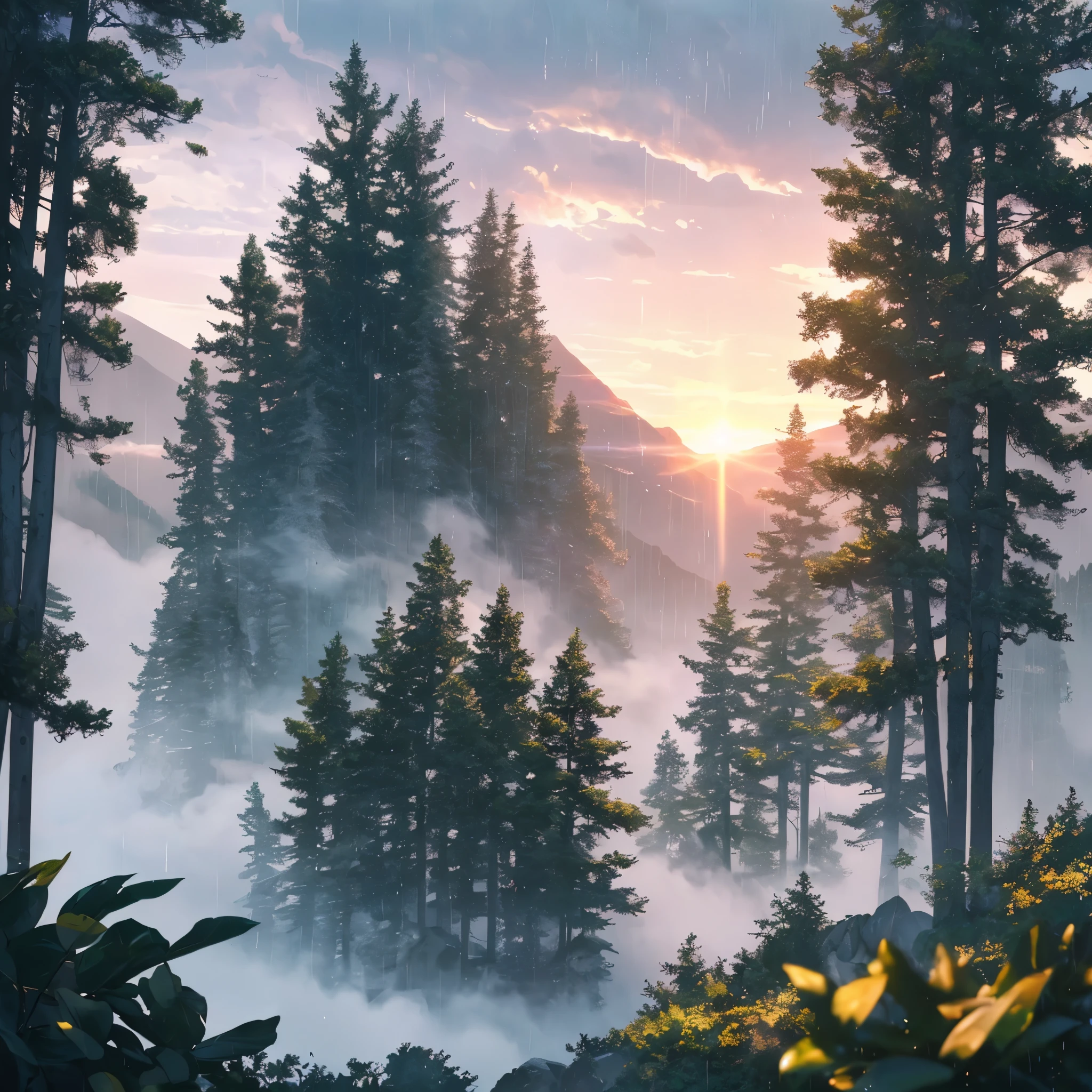 chromatic aberration, soft lighting, masterpiece, best quality, intricate, tone mapped, highly detailed, concept art, smooth, sharp focus, dramatic lighting, highly detailed artwork, cinematic, hyper realistic painting, trending on Artstation, 8K, incredible shadows, realistic, highly detailed, intricate forest details, landscape, trees, beautiful green leaves, beautiful lighting and realistic proportions, as if this is a movie background, 8k, highest quality, masterpiece, clouds and stars in the sky, another planet, giant mountains, high mountains, trees, raining, storm, clouds, (sunshine:1.3), sunset, pink sunset, (rain:1.3)