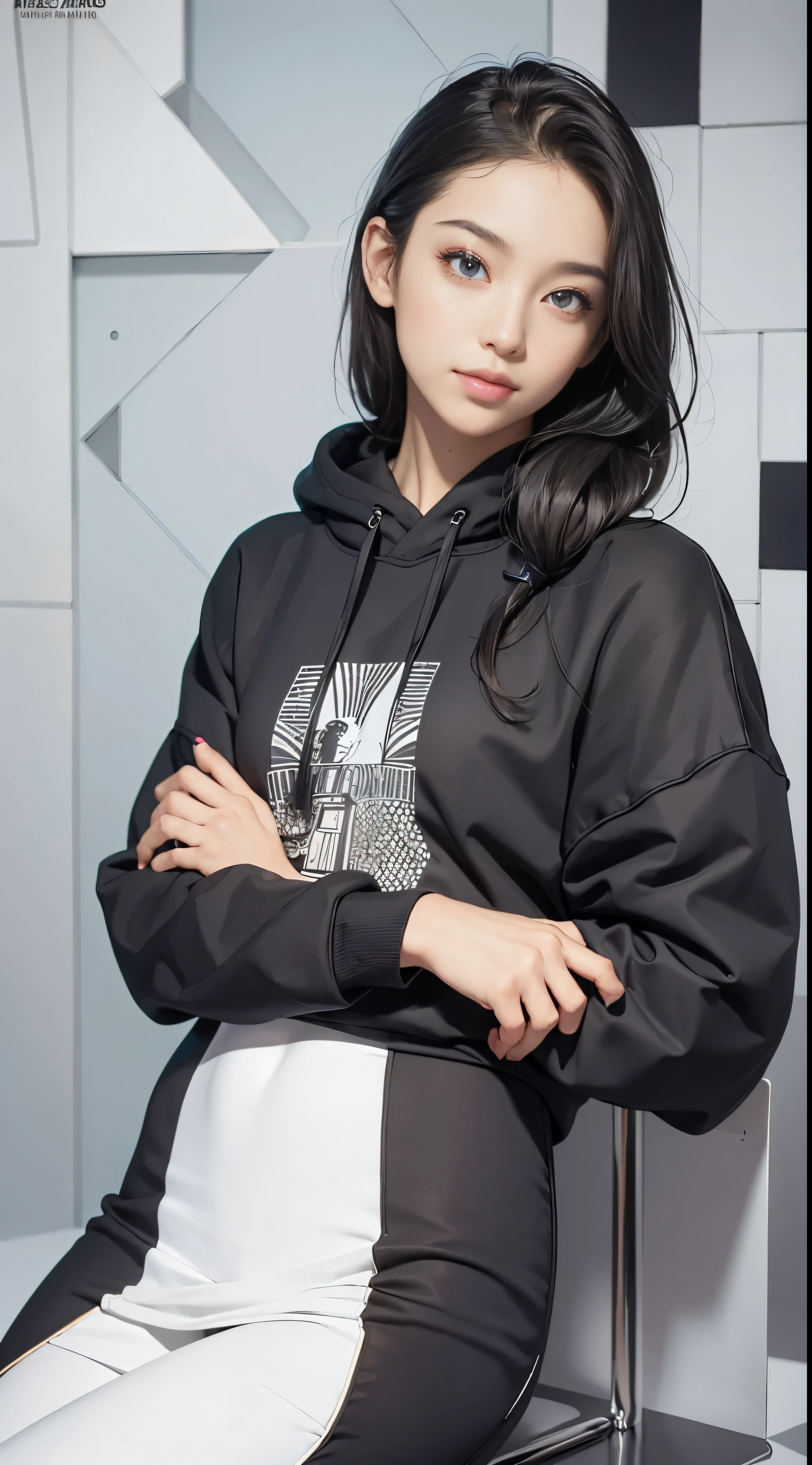 (Realistic:1.8), (Digital art:0.2), (Geometrical art, official art, beautiful and aesthetic, ultra detailed, beautiful, masterpiece, best quality:1.6), (1girl:1.2), Detailed face, Detailed eyes, Detailed hair, young fingers, Detailed fingers, five fingers,
_
BREAK cute ig model, Japanese cute model, 22 years old, Tightened all body, small head, small face, small mouth, diamond Face, small nose, Sharp Faceline, (dropy eyes, Double eyelid, Light color eyes, Glossy eyes, Shiny eyes:1.2), Shiny skin, shiny hair,
_
BREAK (happy, smile, Teeth, Glossy Lips), beautiful Teeth, (upper body:1.5), from front,
_
(minimalistic black and white cityscape:1.2),
(confident sitting with arms crossed:1.3), (camera focused on upper body:1.2),
(close-up emphasizing sweatshirt details:1.2),
BREAK
(black theme:1.2), (oversized black hoodie with geometric cutouts and patterns:1.2), (white skinny leggings with subtle geometric patterns:1.2),