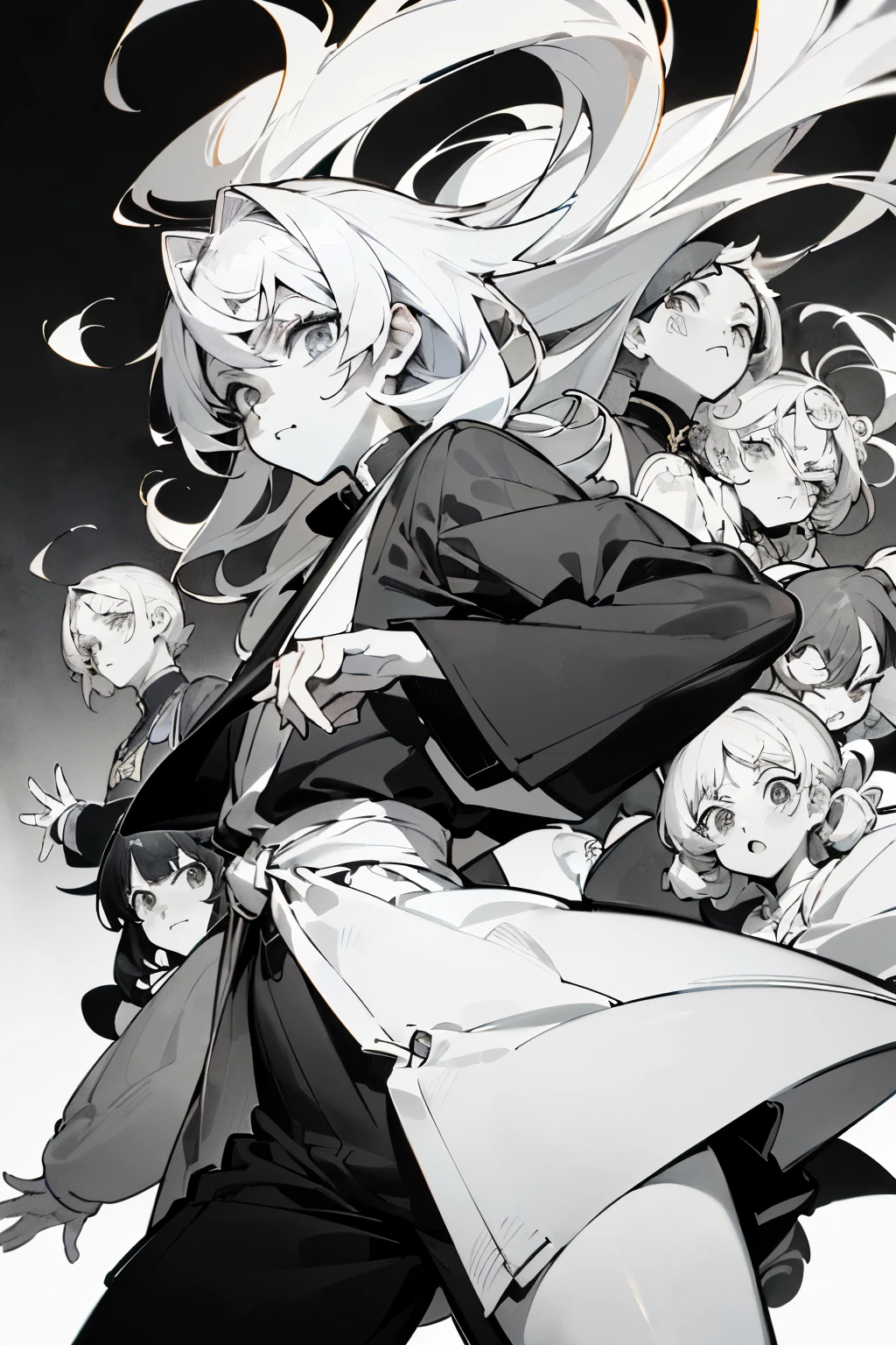 ((La mejor calidad)),((group of anime manga style people all different with unique styles)), ((todos los personajes bellos)), ((solo estilo manga sin color)), (( que sea una portada manga y que tenga de titulo; 呪われた転生 - Norowareta tensei ))