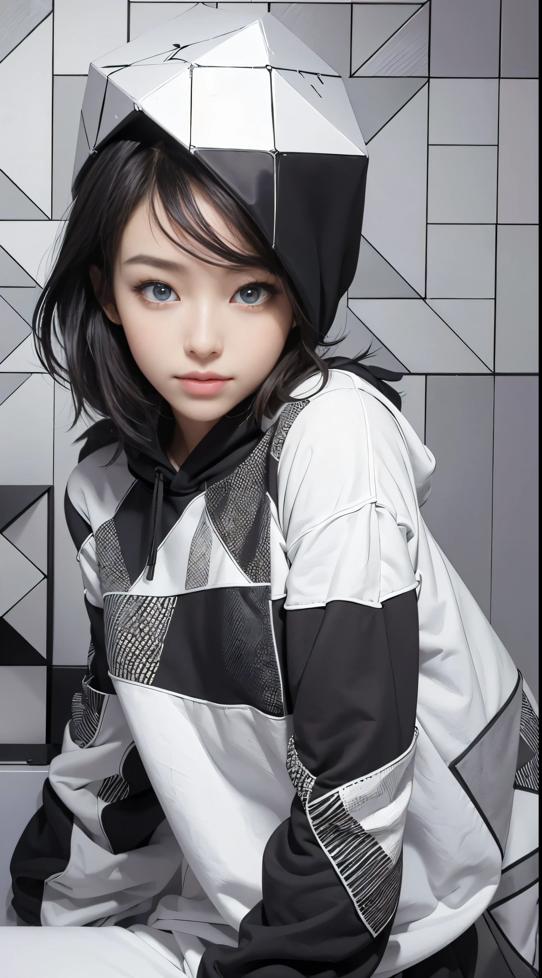 (Realistic:1.8), (Digital art:0.2), (Geometrical art, official art, beautiful and aesthetic, ultra detailed, beautiful, masterpiece, best quality:1.6), (1girl:1.2), Detailed face, Detailed eyes, Detailed hair, young fingers, Detailed fingers, five fingers,
_
BREAK cute ig model, Japanese cute model, 22 years old, Tightened all body, small head, small face, small mouth, diamond Face, small nose, Sharp Faceline, (dropy eyes, Double eyelid, Light color eyes, Glossy eyes, Shiny eyes:1.2), Shiny skin, shiny hair,
_
BREAK (happy, smile, Teeth, Glossy Lips), beautiful Teeth, (upper body:1.5), from front,
_
(minimalistic black and white cityscape:1.2),
(confident sitting with arms crossed:1.3), (camera focused on upper body:1.2),
(close-up emphasizing sweatshirt details:1.2),
BREAK
(black theme:1.2), (oversized black hoodie with geometric cutouts and patterns:1.2), (white skinny leggings with subtle geometric patterns:1.2),