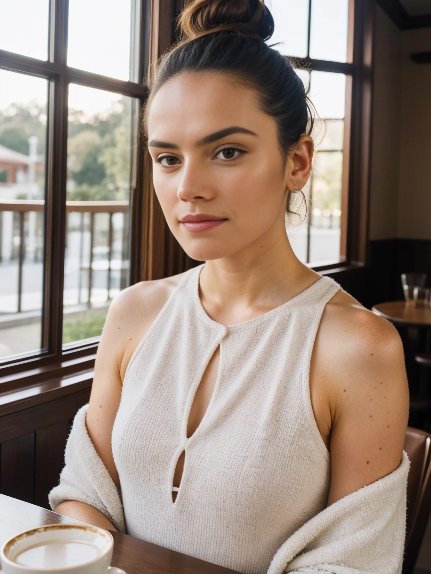 daisyrdl,a woman,(front view:1),ponytail,looking at viewer,(in a café),sunrise,golden hour,serious,extremely detailed,intricated,masterpiece,cinematic,(film grain:1.2),bokeh,volumetric lighting,motion blur, (rim light:1.2), add_detail:2, sexy, seethrough top, nipples, big eyes