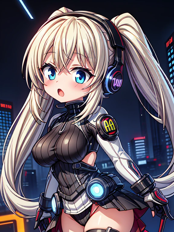 4K,hight resolution,One Woman,White blonde hair,poneyTail,head phone,Colossal tits,ninjartist,White Cybersuit,Cyberpunk Handgun,underground city、red blush、Opening Mouth、