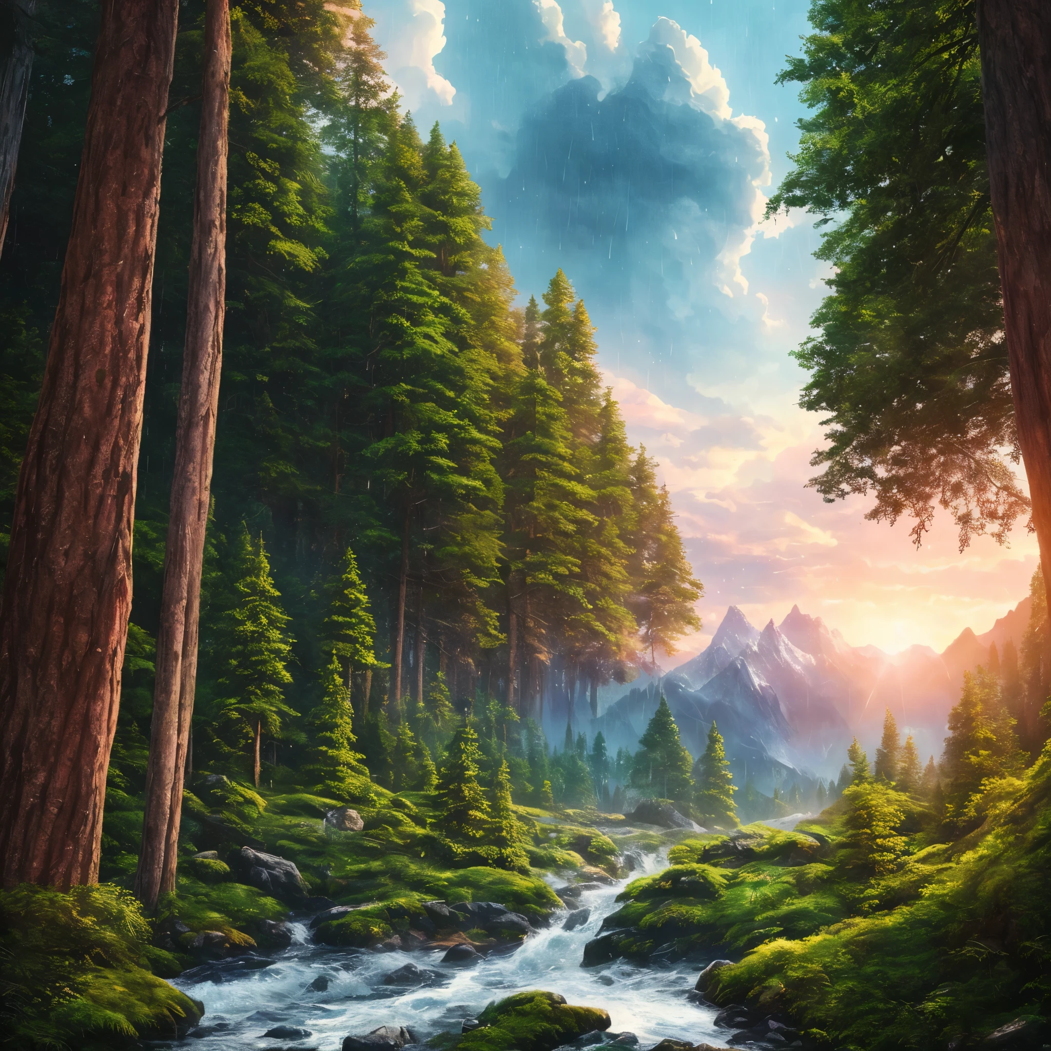 chromatic aberration, soft lighting, masterpiece, best quality, intricate, tone mapped, highly detailed, concept art, smooth, sharp focus, dramatic lighting, highly detailed artwork, cinematic, hyper realistic painting, trending on Artstation, 8K, incredible shadows, realistic, highly detailed, intricate forest details, landscape, trees, beautiful green leaves, beautiful lighting and realistic proportions, as if this is a movie background, 8k, highest quality, masterpiece, clouds and stars in the sky, another planet, giant mountains, high mountains, trees, raining, storm, clouds, (sunshine:1.4), sunset, pink sunset, (rain:1.4)