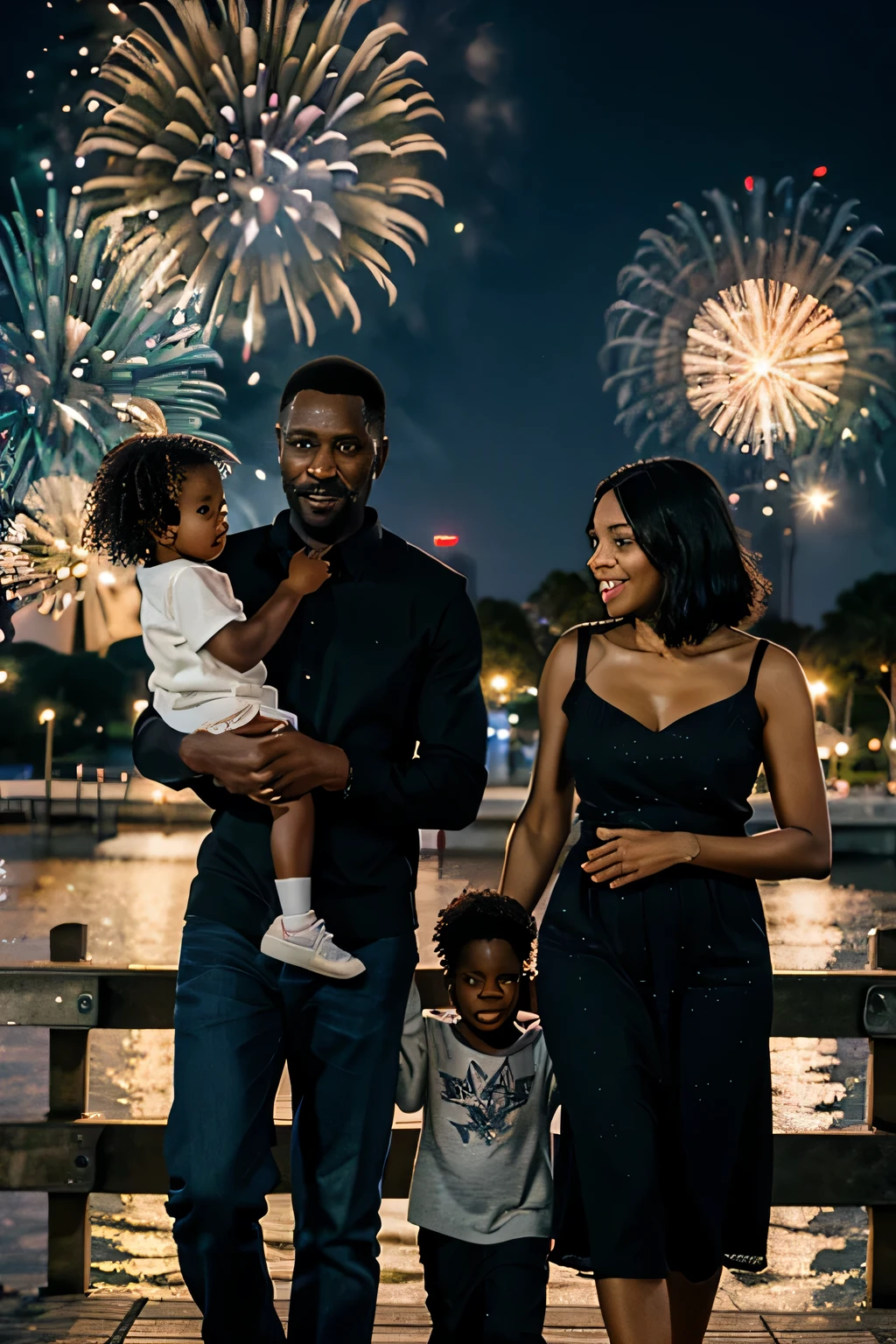 A Black Family, the father being the son and the mother, walking on a Marina bridge on a night full of fireworks