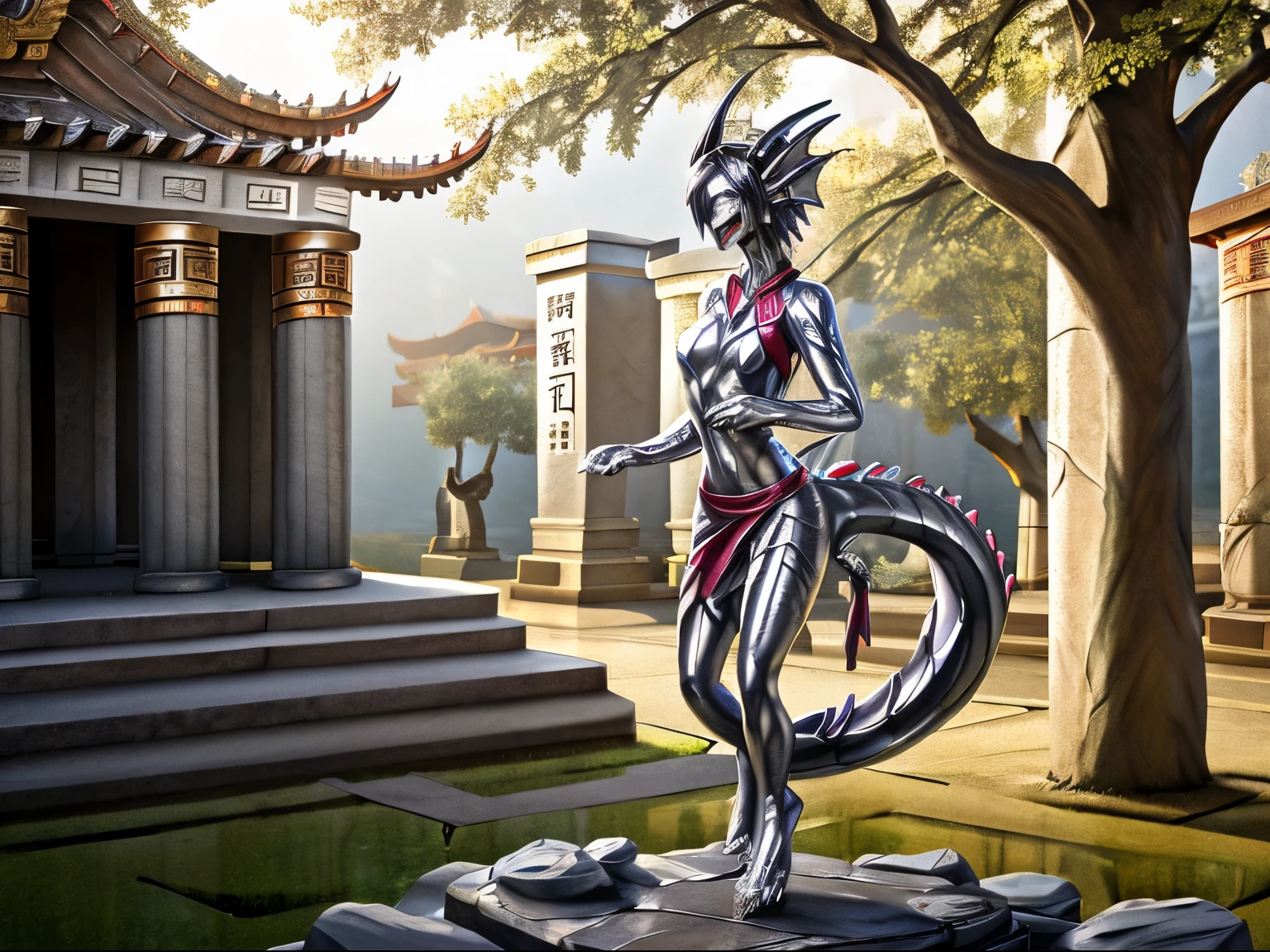 HD, photorealistic, half transformation, college girl stands on empty stone statue plinth outside of cursed eastern temple, human chinese dragon hybridization gradual petrification transformation, petrification curse, glowing magic converting flesh to stone, you panic as you morph into a Chinese long dragon while your flesh turns to stone