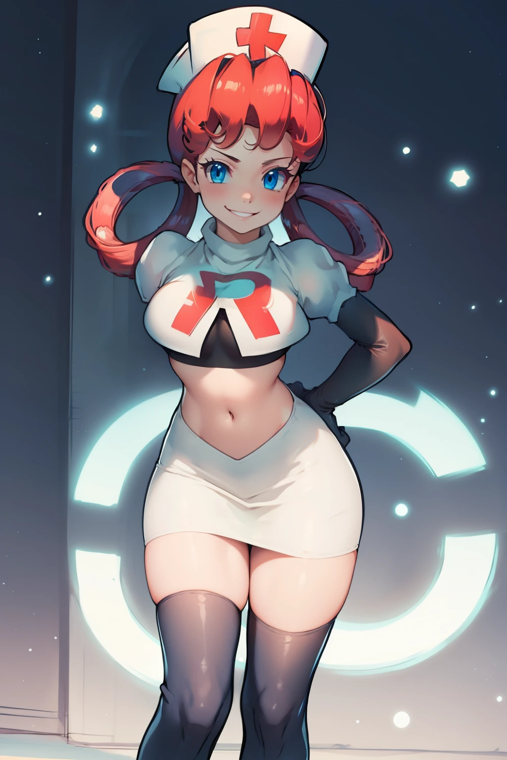 nurse joy, hair rings, bangs, team rocket,team rocket uniform, red letter R, white skirt,white crop top,black thigh-high boots, black elbow gloves , looking at viewer, evil smile