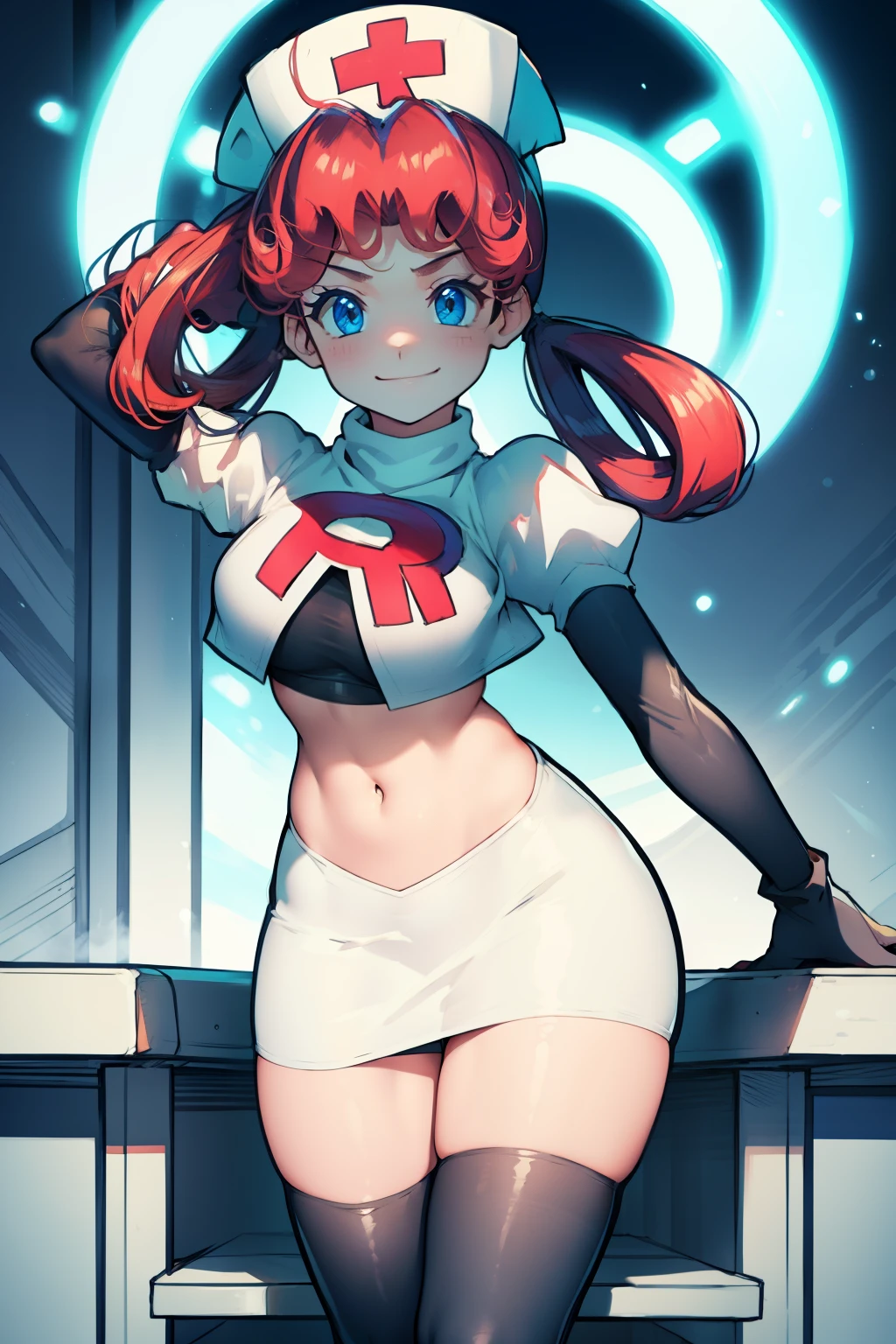 nurse joy, hair rings, bangs, team rocket,team rocket uniform, red letter R, white skirt,white crop top,black thigh-high boots, black elbow gloves , looking at viewer, evil smile