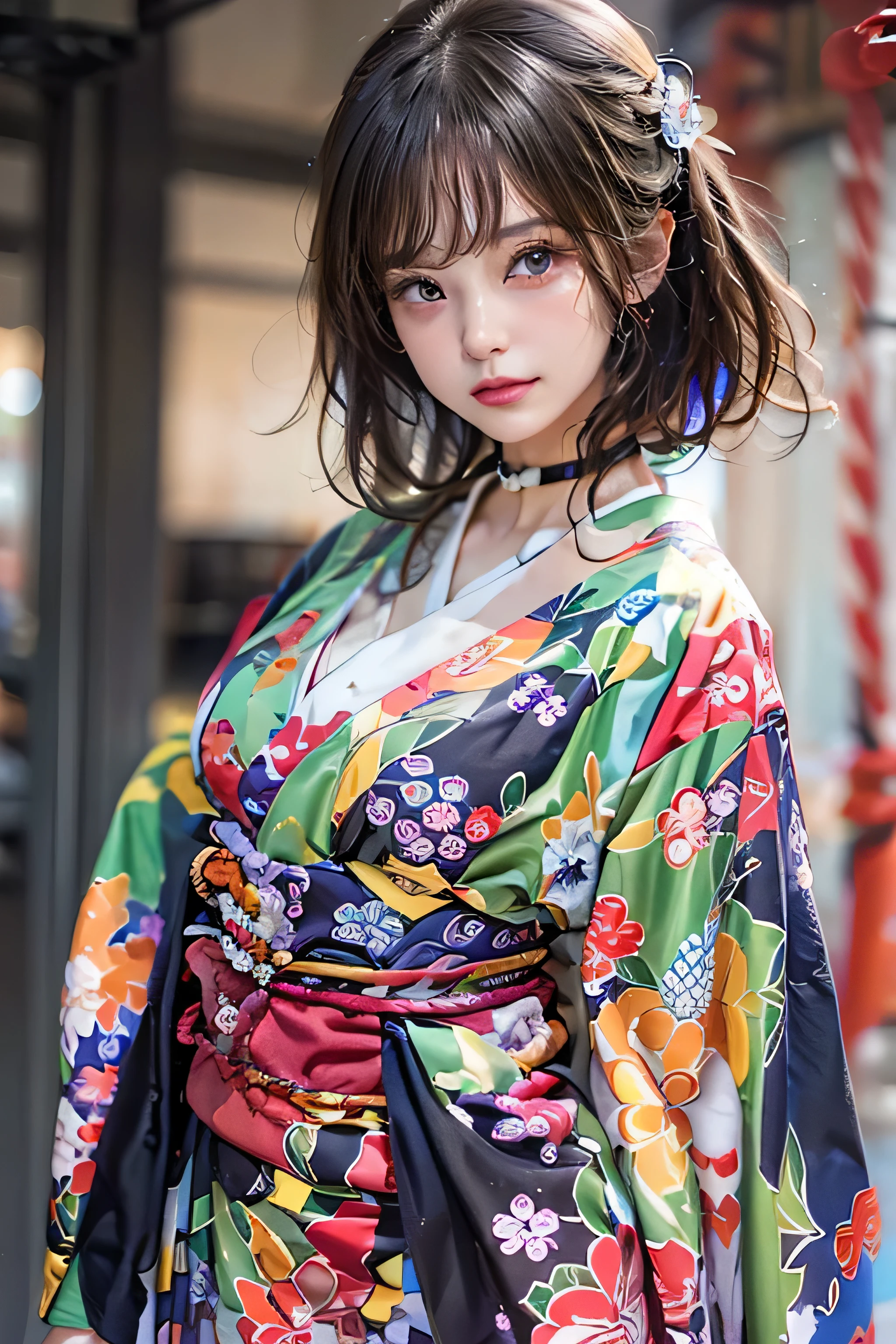 (top-quality,8K picture quality,​masterpiece:1.3,hight resolution,masutepiece:1.2), Front view:0.8, Looking at Viewer, 23-year-old woman, Looking at the camera,(Japanese dress, Kimono:1.4,Komono:1.2,with floral pattern, a choker:1.4),(Shorthair:1.2,A dark-haired,Beautiful hair), (Back alley:1.3), Kimono comes off,thigh visible,I can see panties,Beautiful face,Cinematic,(Young gravure idols, Young skinny gravure idol, sophisticated gravure idol),(detailed flawless face),normal hands,Normal finger,Normal legs