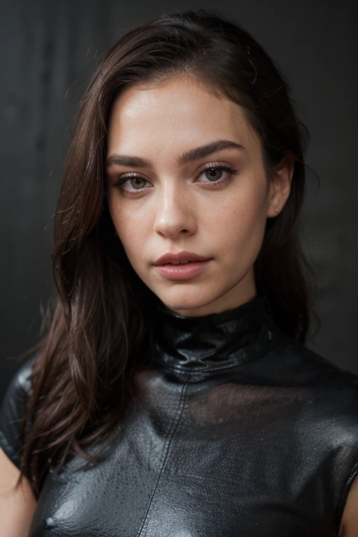 ((best quality)), ((masterpiece)), (detailed), perfect face realistic photo of beautiful woman with long dark brown hair, Russian, influencer, light freckles, dark brown eyes, big lips, no makeup, insagram, next to black wall, wearing sexy latex dress