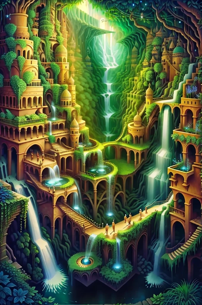 Imagine the Hanging Gardens of Babylon as a mystical realm, with floating waterfalls and glowing flora.