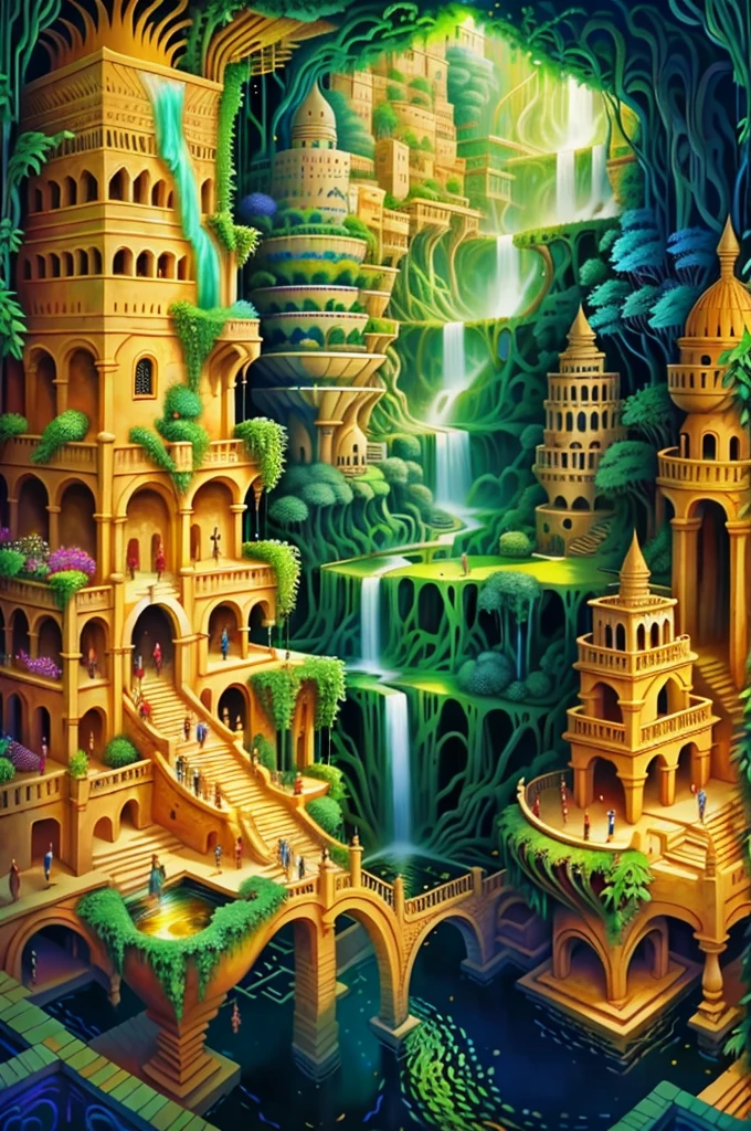 Think of the Hanging Gardens of Babylon as a mystical realm, with floating waterfalls and vibrant flora.