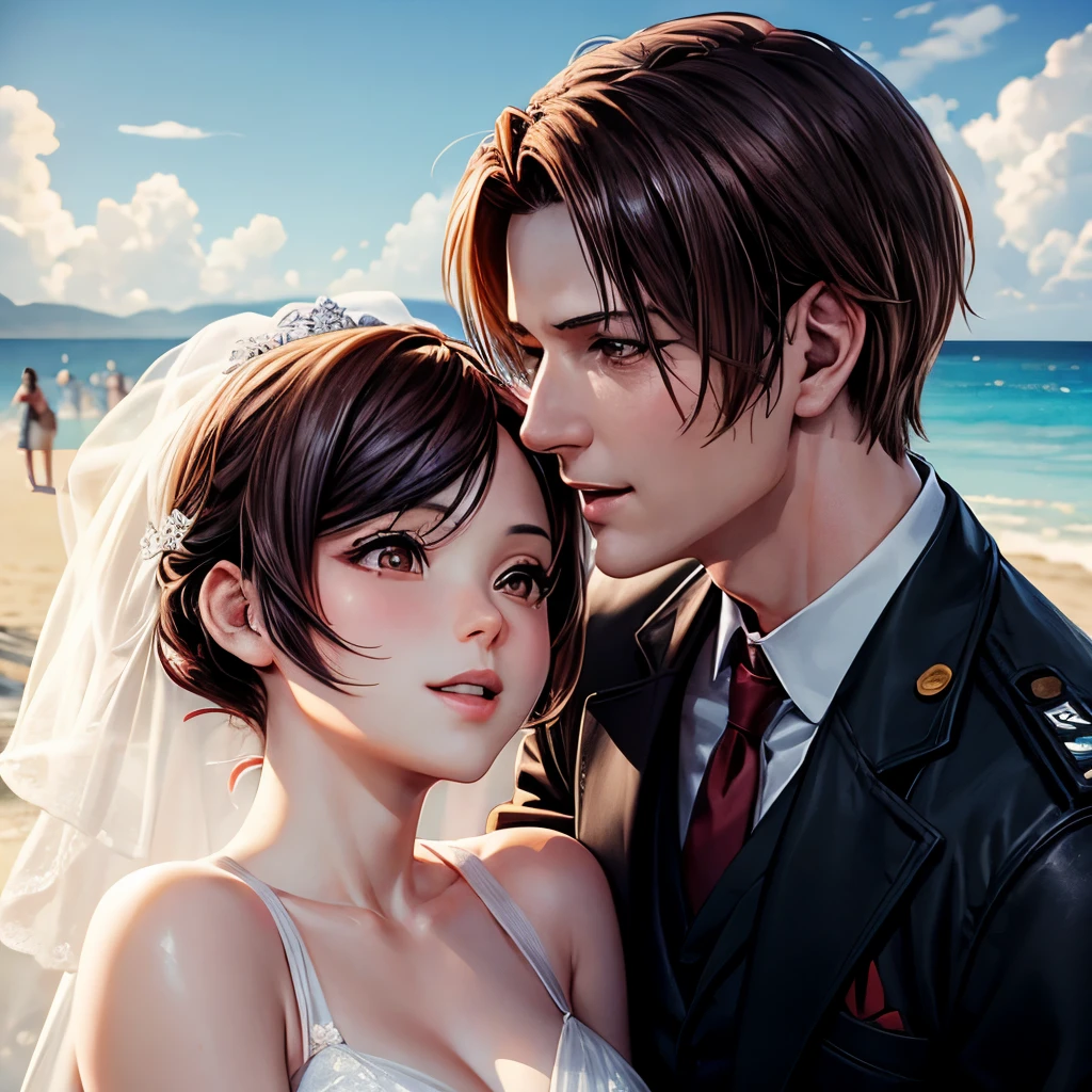Create a picture of a wedding in the beach of Leon Kennedy and Ada Wong. They look so in love and happy