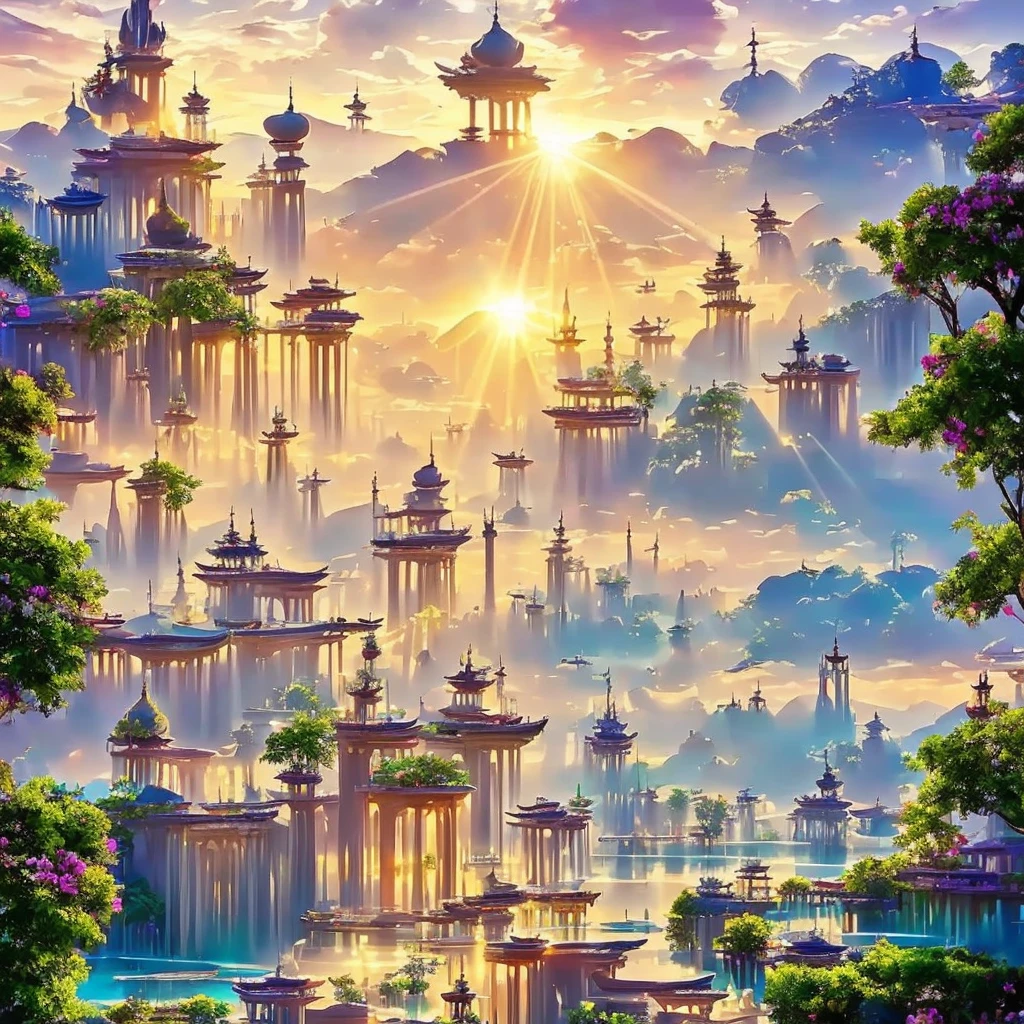 Sidon style, City of Progress, futuristic city, utopian world, brilliant gorgeous colors, thriving buildings, high-end clothing and architectural designs, luxurious buildings, utopian future, high detail, HDR, perfect, stunning progressive architecture, flawless world, reflective surfaces, subsurface scattering, flawless buildings, beyond imagination, 8K, global lighting, wide angle, divine rays, dream world