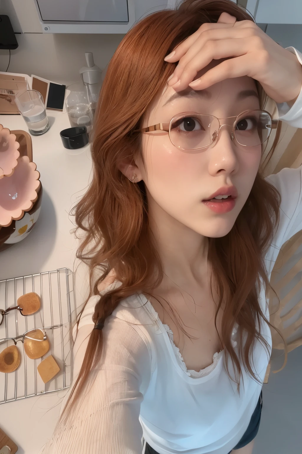 there is a woman that is wearing glasses and a white shirt, with glasses, wearing thin large round glasses, with square glasses, wearing small round glasses, belle delphine, wearing square glasses, with glasses on, 8k selfie photograph, ulzzang, inspired by Ayami Kojima, spectacled, some glints and specs, !!wearing modern glasses!!