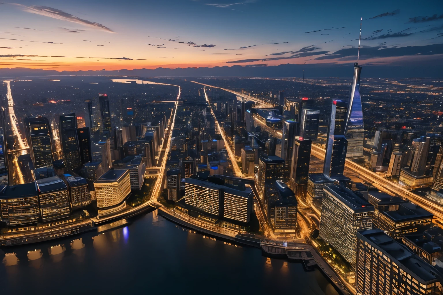 masterpiece, 8k quality, beautiful city, night view, high detailed, building, professional lighting, beautiful sky, twilight,