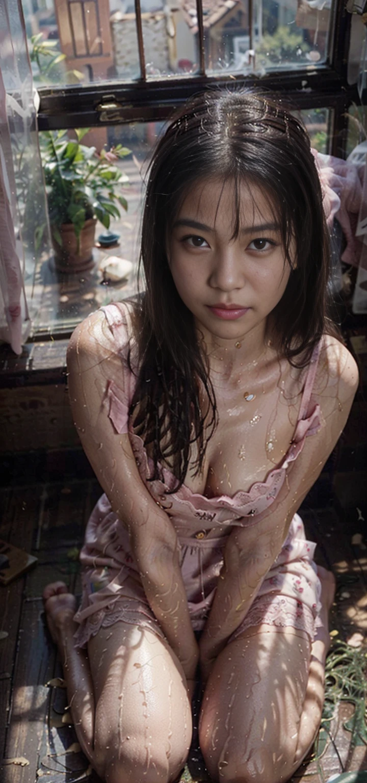 (From a straight above, bird's-eye perspective), 1girl, Realistic Chinese pretty teenage girl,-yepink colour silk lace nightdress, erotic, small breast,greasy, knelt on the floor, eye gazing up to the camera, with sweat on body, sweat on breasts,wet body,wet chest,wet breasts, waiting for punishment, beside the window