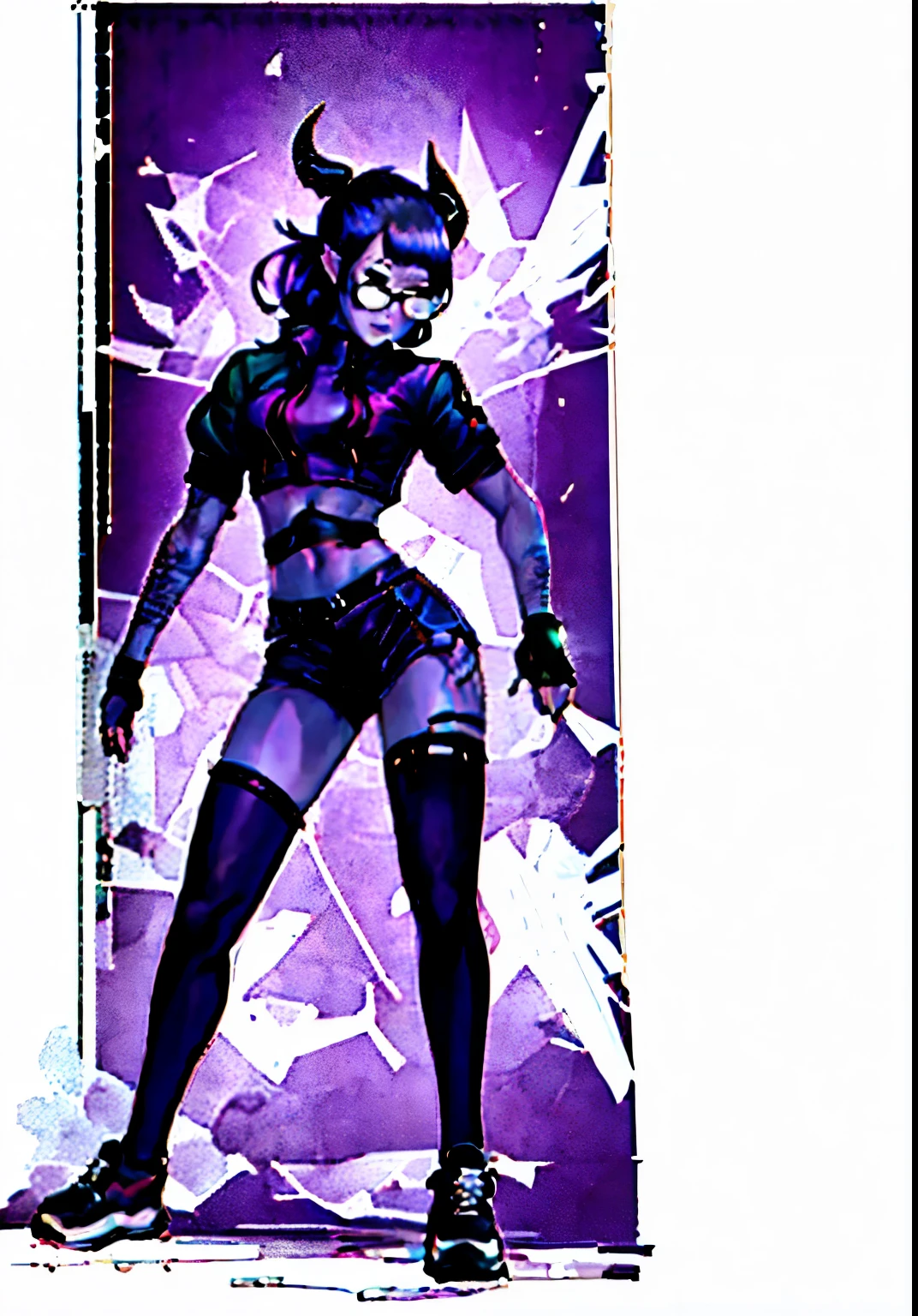 “drawing of a tiefling woman with black horns and black lipstick, purple hue skin, blue eyes, Black twintails hair, black Tactical short sleeved crop jacket, shorts and thigh highs, tactical belt and glasses and tattoos, Sneakers. The girl is displayed striking a pose. high quality, 4k, anime style. detailed, detailed eyes and face,realistic.”