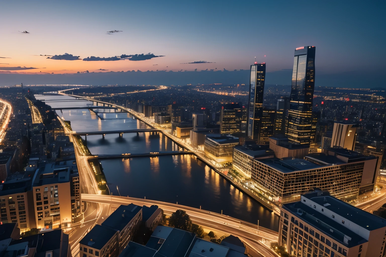 night view, beautiful city, high detailed, high quality building, professional lighting, beautiful sky, twilight, masterpiece, 8k quality,