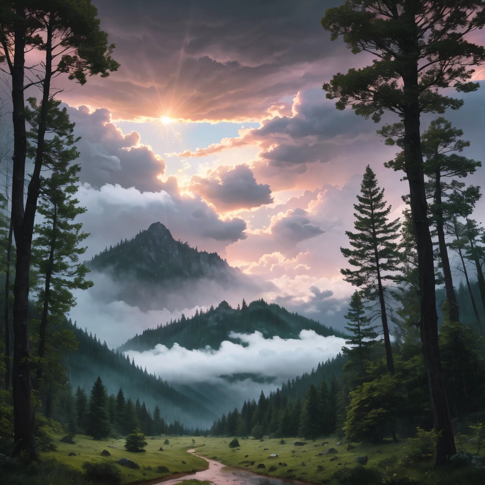 chromatic aberration, soft lighting, masterpiece, best quality, intricate, tone mapped, highly detailed, concept art, smooth, sharp focus, dramatic lighting, highly detailed artwork, cinematic, hyper realistic painting, trending on Artstation, 8K, incredible shadows, realistic, highly detailed, intricate forest details, landscape, trees, beautiful green leaves, beautiful lighting and realistic proportions, as if this is a movie background, 8k, highest quality, masterpiece, clouds and stars in the sky, another planet, giant mountains, high mountains, trees, raining, storm, clouds, (sunshine:1.3), sunset, pink sunset, (rain:1.3)