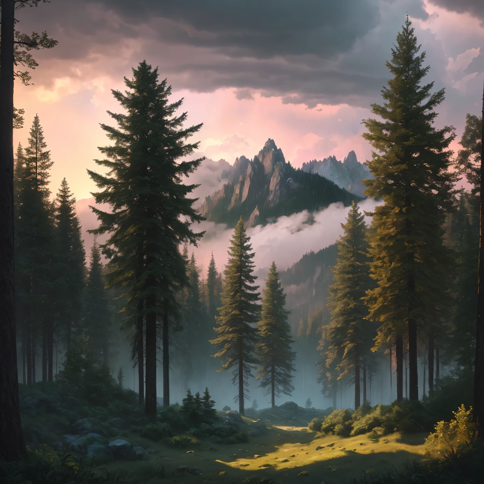 chromatic aberration, soft lighting, masterpiece, best quality, intricate, tone mapped, highly detailed, concept art, smooth, sharp focus, dramatic lighting, highly detailed artwork, cinematic, hyper realistic painting, trending on Artstation, 8K, incredible shadows, realistic, highly detailed, intricate forest details, landscape, trees, beautiful green leaves, beautiful lighting and realistic proportions, as if this is a movie background, 8k, highest quality, masterpiece, clouds and stars in the sky, another planet, giant mountains, high mountains, trees, raining, storm, clouds, (sunshine:1.3), sunset, pink sunset, (rain:1.3)
