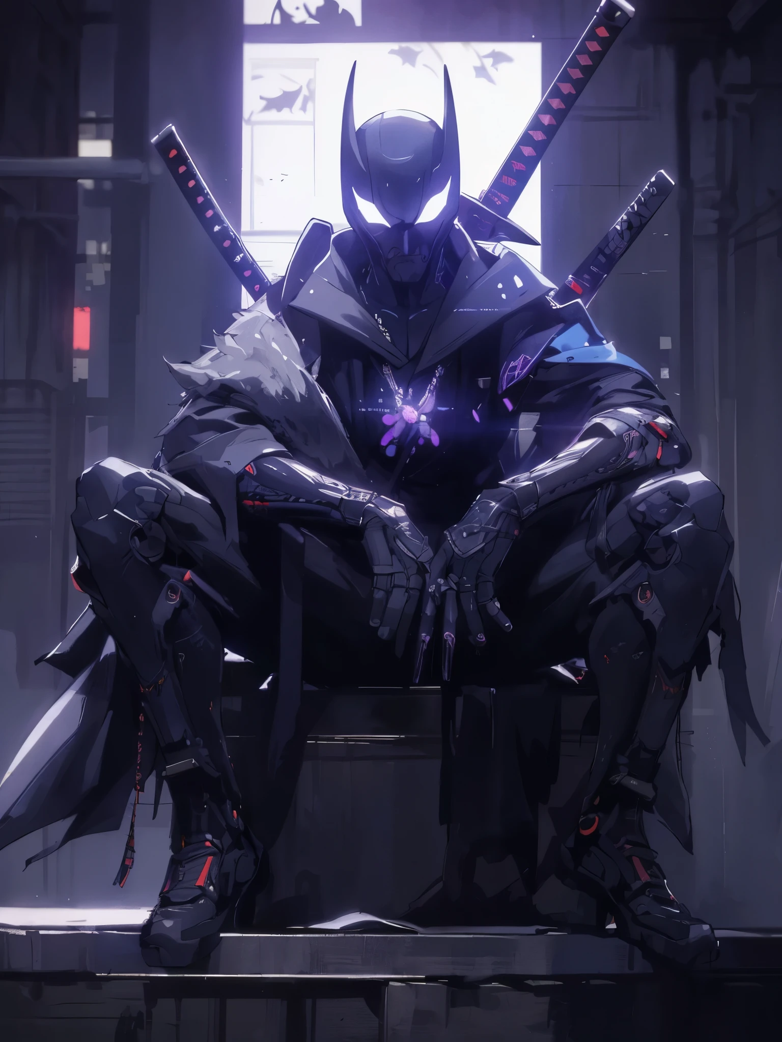 batman sitting on a chair with two swords in his hands, cyberpunk samurai, very beautiful cyberpunk samurai, omen from valorant, badass anime 8 k, amazing 8k character concept art, katana zero video game character, in style the demon seated, muted cyberpunk style, cyberpunk batman, portrait of a cyberpunk samurai, menacing. unreal 5, unreal engine character art