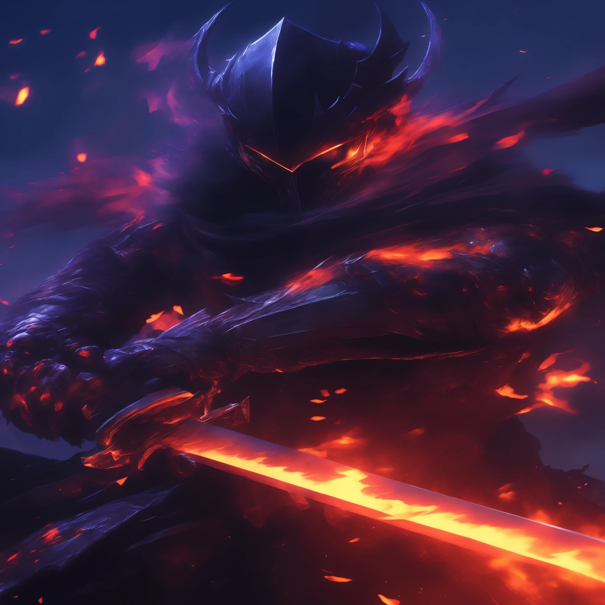 a close up of a person with a sword in a fire, black fire color reflected armor, lord of cinder, epic fantasy art style, 4k fantasy art, 8k high quality detailed art, epic fantasy digital art style, darksiders art style, detailed digital 2d fantasy art, dark souls art style, 8k fantasy art, blood knight