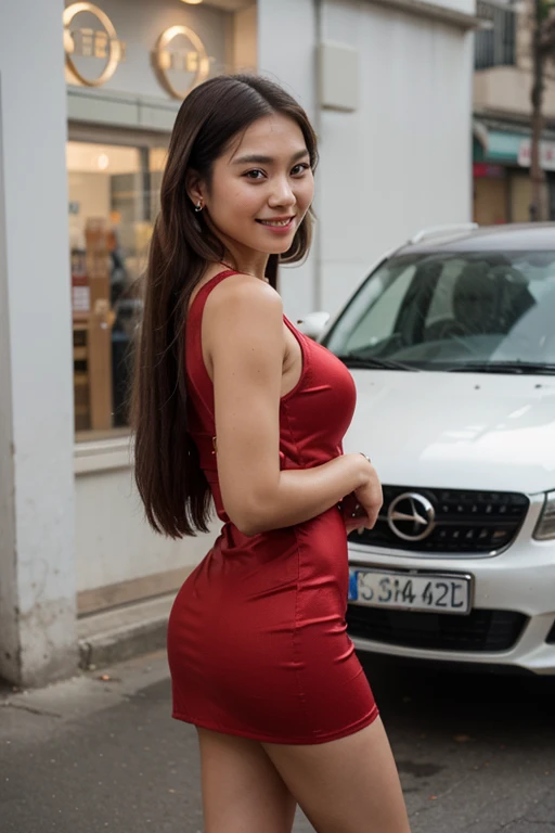 Thai girl with long straight hair, sweet smile, wearing gold circle earrings. Wear a short red dress hand holding a small bag Stand facing the camera black high heels