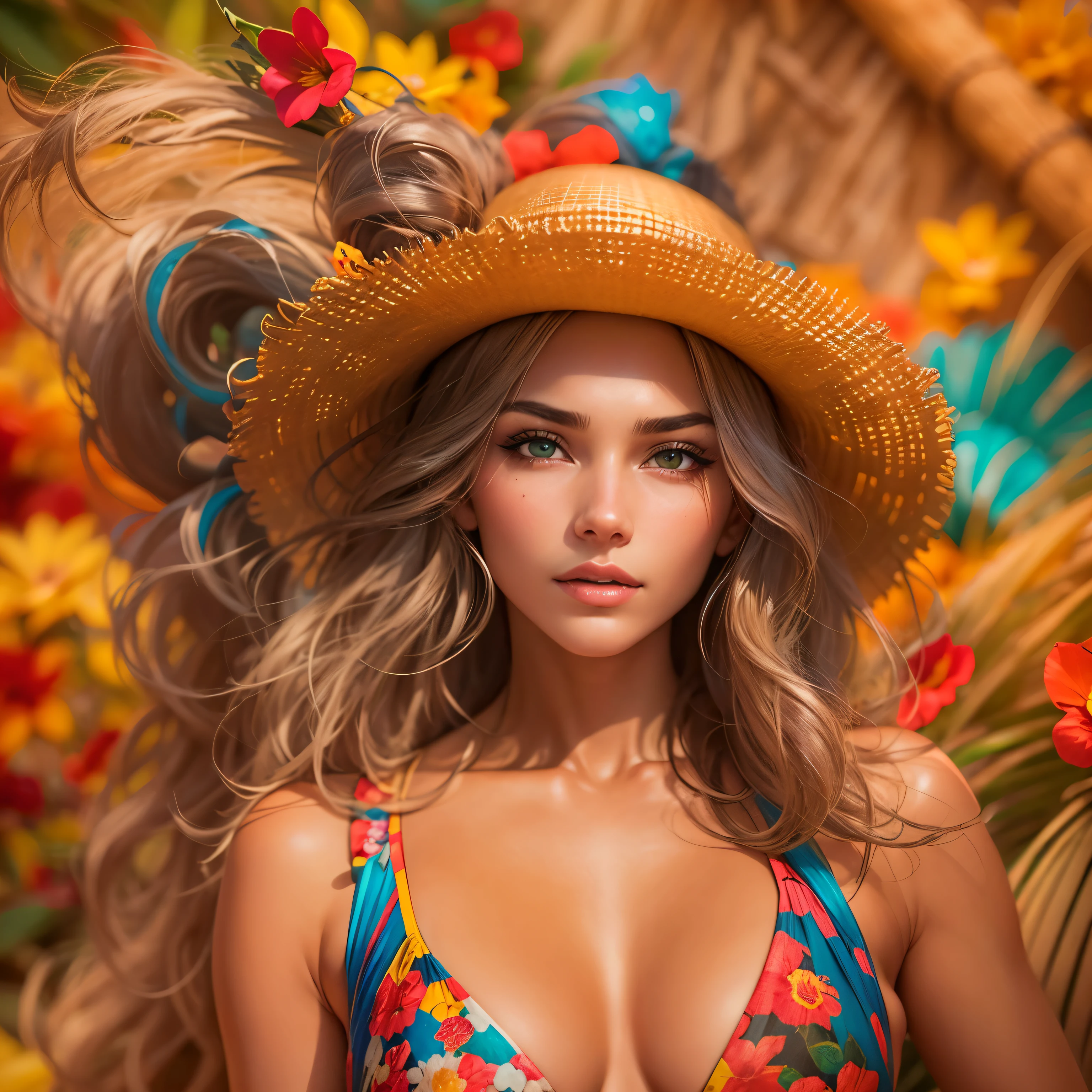 best quality,ultra-detalhado,Realistic,modelo superior,new high cut bikini,belo rosto detalhado e corpo,Glamouroso,profissional,fashionable,Fundo da praia,vivid colors,charismatic expression of the model,pose feroz,straw hat,olhar sexy,alta moda estilo,master part:1.2,studio lighting,Bokeh
