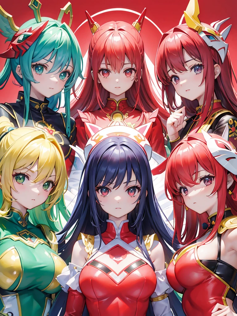 Outrageous resolution、hight resolution、(​masterpiece:1.4)、ultra-detailliert、Crisp details、Dramatic and photorealistic pictorial art、Super Sentai Series、Megaranger、Hero Mask、（reddish、verdant、A black、amarelo、pink there、Fivesome）Righteous heroes、Decide on a transformation pose、