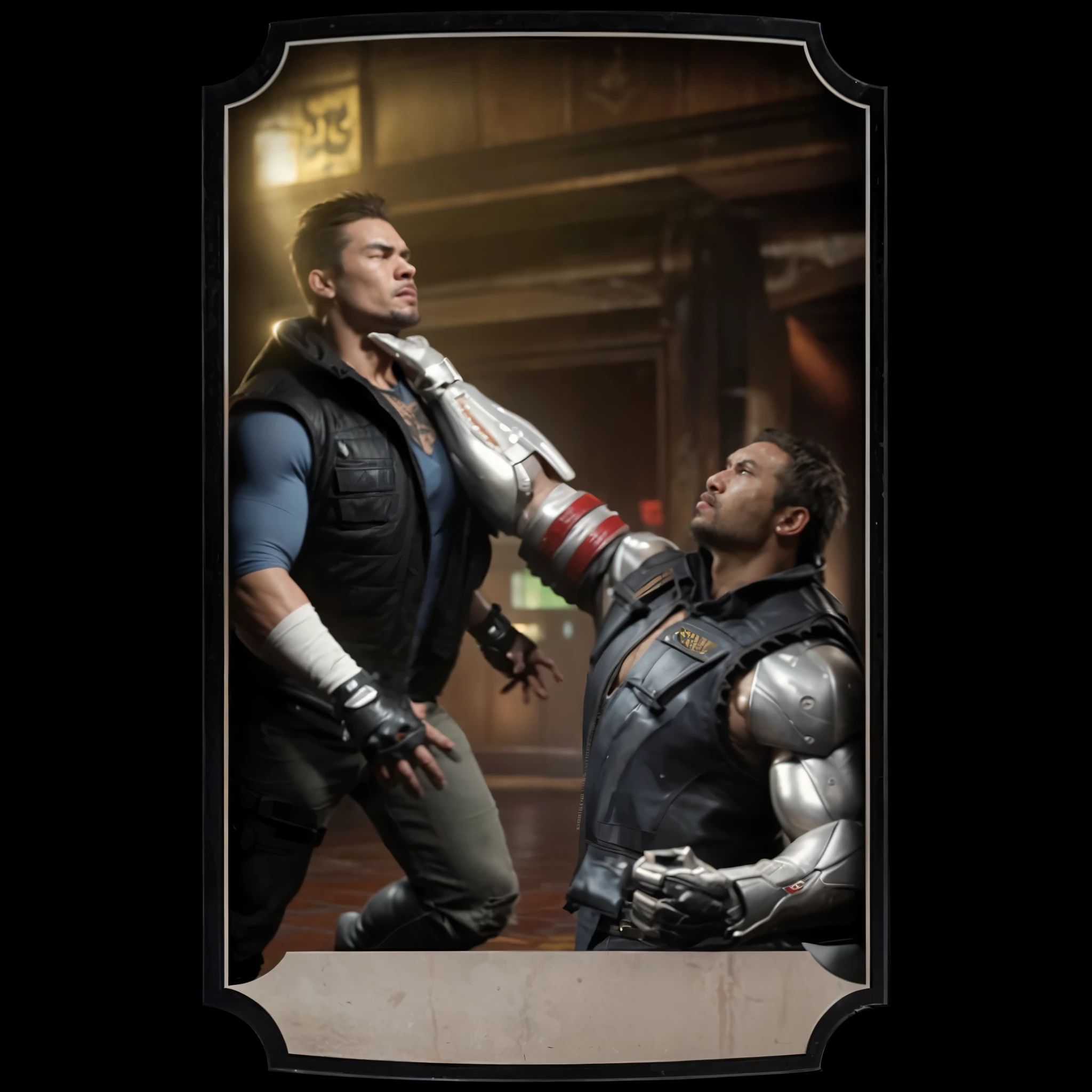 (masterpiece),(best quality:1.0),(ultra high resolution:1.0),Jax Briggs, lifting johnny cage by the neck, open eyes, mortal kombat, face focus, cyborg, 8k wallpaper, full body