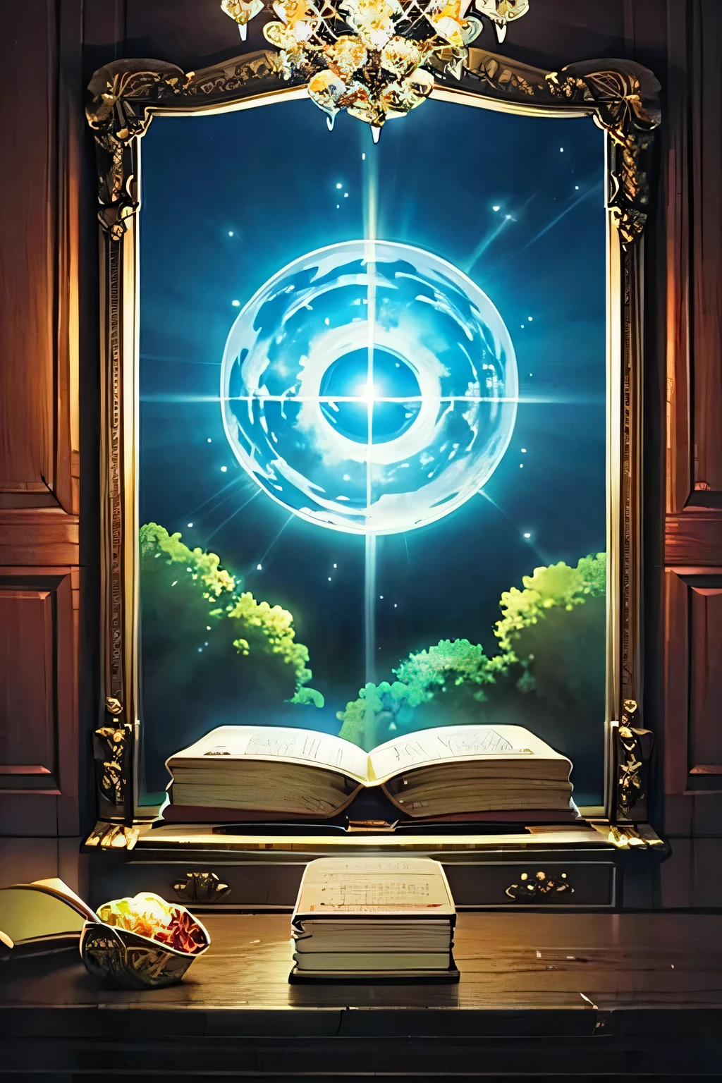 A anime magical book opened, con letras flotando, con un aura de fantasia,