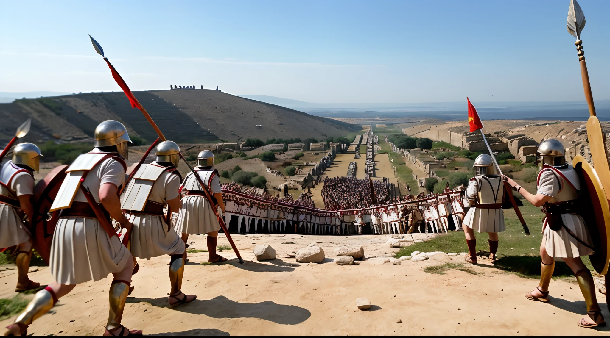 photography of a group of soldiers wearing linothorax armor and feathered helmet and greaves and sandals, standing on a hill, dry, summer, mediterranean landscape, holding shield, holding spear, with shields and spears, leading spartans into battle, fall of rome, trojan war, in battle, sneering roman legioneer, epic battlescene, beware the ides of march, ancient battlefield, 4 0 0 , the fall of rome, huge armies, by Artur Tarnowski, aftermath of a huge battle