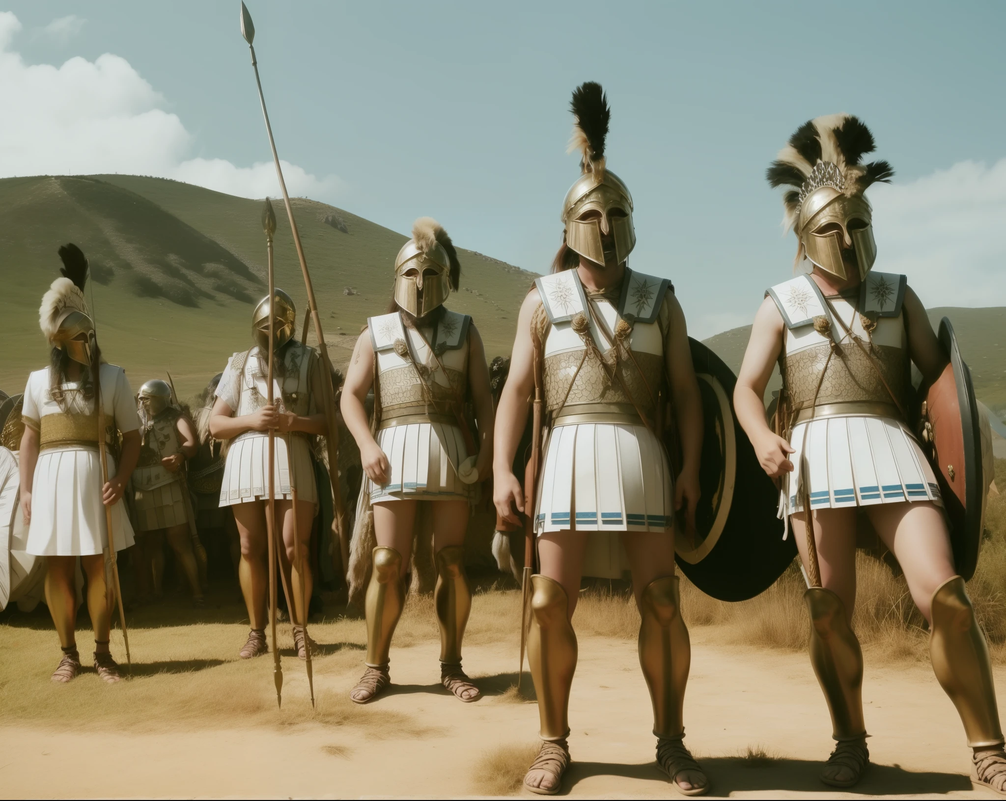 photograph of a large group of people wearing linothorax armor and feathered helmet and greaves and sandals, standing on a hill, dry, summer, mediterranean landscape, holding shield, holding spear standing in a field,large scale battle, distant battle of cannae 216 bce, leading spartans into battle, 1 2 0 0 , epic battlescene, ancient battlefield, huge armies, 4 0 0 , background of invading army, aftermath of a huge battle, epic battle scene, in battle, trojan war